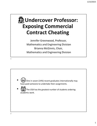 1/13/2023
1
Undercover Professor:
Exposing Commercial
Contract Cheating
Jennifer Greenwood, Professor,
Mathematics and Engineering Division
Brianna McGinnis, Chair,
Mathematics and Engineering Division
• 😬One in seven (14%) recent graduates internationally may
have paid someone to undertake their assignments.
• 🙀The USA has the greatest number of students ordering
academic work.
1
2
 