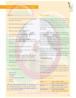 27
Hygiene
•	 Set up the farm at a safe distance from other poul-
try houses and fence in.
•	 Keep birds of only one age group on the farm.
•	 Keep no other poultry on the farm.
•	 Allow no visitors to enter the farm.
•	 Wear only the farm´s own protective clothing with-
in the farm area.
•	 Provide the farm´s own protective clothing for vet-
erinarians, service and maintenance workers and
consultants.
•	 Disinfect boots before entering the houses.
•	 Use bulk feed if possible. Do not allow the truck
driver to enter the houses.
•	 Safeguard the houses against wild birds and ver-
min. Keep rats and mice under constant control.
•	 Dispose of dead birds hygienically. Follow local laws
and regulations.
Daily Control
Check at least once daily:
•	 Health status
•	 Temperature
•	 Ventilation
•	 Feed and water consumption
•	 Lighting
•	 Mortality
When assessing the state of health, do not just go by
the general impression and mortality rate, but also
take note of feed and water consumption as well as
the consistency of droppings.
Water Supply
Clean water is as equally important as good feed for
top performance. Therefore fresh, clean, potable wa-
ter must be available at all times for the layers and
an ­adequate consumption must always be assured.
A water meter is a very useful tool to monitor water
consumption. The optimal water temperature is about
20 °C (68 °F).
Furthermore feed and water intake are closely corre-
lated. If birds don’t drink enough water for any reason,
feed intake is consequently reduced.
The water to feed ratio at comfortable temperature is
around 1.8 – 2 : 1, but this relation increases up to 5 : 1 at
high ambient temperatures above 30 °C (86 °F). During
exposure to high temperatures, birds consume less feed,
but more water in an effort to cool their body down.
Check the water quality regularly, especially if you use
your own water supply like well water.
For example excessive salt levels in drinking water can
cause persistent damage to shell quality and hard wa-
ter with high TDS* levels may cause kidney damage.
* TDS: Total Dissolved Solids
Grit
Feeding grit is not a must but is recommended when
rations are supplemented by grains. This stimulates the
development of the crop and the gizzard during the
rearing period, which in turn has a positive effect on
feed intake capacity.
Table 17: Amount and Granulation of Grit
Dependent on Age
Week 1 – 2 once a week 1 g / bird
(size 1 – 2 mm / 0.04 – 0.08 in)
Week 3 – 8 once a week 2 g / bird
(size 3 – 4 mm / 0.12 – 0.16 in)
From week 9 once a month 3 g / bird
(size 4 – 6 mm / 0.16 – 0.24 in)
GENERAL RECOMMENDATIONS
 