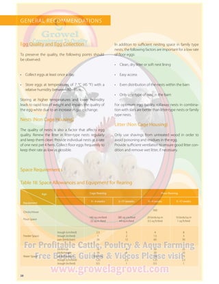 28
GENERAL RECOMMENDATIONS
Egg Quality and Egg Collection
•	 Collect eggs at least once a day.
•	 Store eggs at temperatures of 7 °C (45 °F) with a
relative humidity between 80 – 85 %.
Storing at higher temperatures and lower humidity
leads to rapid loss of weight and impairs the quality of
the egg white due to an increase in gas exchange.
Nests (Non Cage Housing)
The quality of nests is also a factor that affects egg
quality. Renew the litter in litter-type nests regularly
and keep them clean. Provide individual nests at a rate
of one nest per 4 hens. Collect floor eggs frequently to
keep their rate as low as possible.
In addition to sufficient nesting space in family type
nests, the following factors are important for a low rate
of floor eggs:
•	 Clean, dry litter or soft nest lining
•	 Easy access
•	 Even distribution of the nests within the barn
•	 Only one type of nest in the barn
For optimum egg quality, rollaway nests in combina-
tion with slats are better than litter-type nests or family
type nests.
Litter (Non Cage Housing)
Only use shavings from untreated wood in order to
avoid poisoning and residues in the egg.
Provide sufficient ventilation to ensure good litter con-
dition and remove wet litter, if necessary.
Table 18: Space Allowances and Equipment for Rearing
Age
Equipment
Cage Rearing Floor Rearing
0 – 4 weeks 5 –17 weeeks 0 – 4 weeks 5 –17 weeks
Chicks/Hover
Floor Space
140 sq cm/bird
22 sq in /bird
285 sq cm/bird
44 sq in/bird
500
20 birds/sq m
0.5 sq ft/bird
10 birds/sq m
1 sq ft/bird
Feeder Space
trough (cm/bird)
trough (in/bird)
pan (birds/pan)
2.5
1
24
5
2
12
4
1.5
60
8
3
30
Water Space
birds/cup
birds/nipple
birds/fountain
trough (cm/bird)
trough (in/bird)
16
16
50 (mini)
1.25
0.5
8
8
–
2.5
1
50
20
150
1.25
0.5
25
10
75
2.5
1
Space Requirements
To preserve the quality, the following points should
be observed:
 
