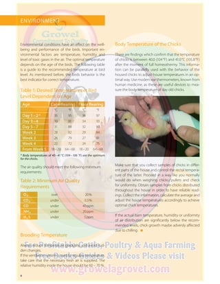 6
Environmental conditions have an effect on the well-
being and performance of the birds. Important en­
vironmental factors are temperature, humidity and
level of toxic gases in the air. The optimal temperature
depends on the age of the birds. The following table
is a guide to the recommended temperature at bird
level. As mentioned before, the birds behavior is the
best indicator for correct temperature.
Table 1: Desired Temperatures at Bird
­Level Dependent on Age
Age Cage Rearing Floor Rearing
°C °F °C °F
Day 1 – 2 * 35  95 36  97
Day 3 – 4 33  91 34 93
Day 5 – 7 31 88 32 90
Week 2 28  82 29 84
Week 3 26 79 27 81
Week 4 22 72 24 75
From Week 5 18 – 20 64 – 68 18 – 20  64 – 68
* Body temperatures of 40 – 41 °C (104 – 106 °F) are the optimum
for the chicks.
The air quality should meet the following minimum
requirements:
Table 2: Minimum Air Quality
Requirements
O ₂ over 20 %
CO ₂ under 0.3 %
CO under 40 ppm
NH ₃ under 20 ppm
H ₂ S under 5 ppm
Brooding Temperature
Always reduce temperature gradually, and avoid sud-
den changes.
If the ventilation system is used to regulate temperature,
take care that the necessary fresh air is supplied. The
relative humidity inside the house should be 60 – 70 %.
Body Temperature of the Chicks
There are findings which confirm that the temperature
of chicks is between 40.0 (104 °F) and 41.0 °C (105.8 °F)
after the moment of full homeothermy. This informa-
tion can be parallelly used with the behavior of the
housed chicks to adjust house temperatures in an op-
timal way. Use modern ear thermometers, known from
human medicine, as these are useful devices to mea-
sure the body temperature of day old chicks.
Make sure that you collect samples of chicks in differ-
ent parts of the house and control the rectal tempera-
ture of the latter. Proceed in a way like you normally
would do when weighing chicks / pullets and check
for uniformity. Obtain samples from chicks distributed
throughout the house in order to have reliable read-
ings. Collect the information, calculate the average and
adjust the house temperatures accordingly to achieve
optimal chick temperatures.
If the actual barn temperature, humidity or uniformity
of air distribution are significantly below the recom-
mended levels, chick growth maybe adversly affected
due to chilling.
ENVIRONMENT
 