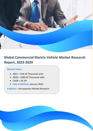 Global Commercial Electric Vehicle Market Research
Report, 2023-2029
Market Value:
• 2021 = 234.16 Thousand units
• 2028 = 1200.43 Thousand units
• CAGR = 26.3%
• Date Published: January 2023
Publisher: Introspective Market Research
 