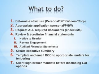 1. Determine structure (Personal/SP/Partners/Corp)
2. Appropriate application (personal/PNW)
3. Request ALL required documents (checklists)
4. Review & scrutinize financial statements
i. Notice to Reader
ii. Review Engagement
iii. Audited Financial Statements
5. Create executive summary
6. Template and email BCC to appropriate lenders for
tendering
7. Client sign broker mandate before disclosing LOI
options
 