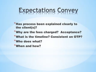 *Has process been explained clearly to
the client(s)?
*Why are the fees charged? Acceptance?
*What is the timeline? Consistent on OTP?
*Who does what?
*When and how?
 