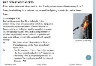 10
TARUNENDRA SINGH M.ARCH 4RD SEM BUILDING SERVICES
FIRE DEPARTMENT ACCESS:
Even with modern aerial apparatus , the fire department can still reach only 6 or 7
floors in a building. thus exterior rescue and fire fighting is restricted to the lower
floors.
Fig. showing fire in building
According to NBC
For buildings more than 24 m in height, refuge
area of 15 m2 or an area equivalent to 0.3 m2 per person
to accommodate the occupants of two consecutive
floors, whichever is higher, shall be provided as under:
The refuge area shall be provided on the periphery of
the floor or preferably on a cantilever projection and
open to air at least on one side protected with suitable
railings.
a) For floors above 24 m and Up to 39 m —
One refuge area on the floor immediately
above 24 m.
b) For floors above 39 m — One refuge area on
the floor immediately above 39 m and so on
after every 15 m. Refuge area provided in
excess of the requirements shall be counted
towards FAR.
 
