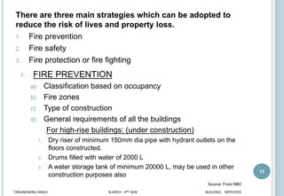 There are three main strategies which can be adopted to
reduce the risk of lives and property loss.
1. Fire prevention
2. Fire safety
3. Fire protection or fire fighting
11
1. FIRE PREVENTION
a) Classification based on occupancy
b) Fire zones
c) Type of construction
d) General requirements of all the buildings
For high-rise buildings: (under construction)
1. Dry riser of minimum 150mm dia pipe with hydrant outlets on the
floors constructed.
2. Drums filled with water of 2000 L
3. A water storage tank of minimum 20000 L, may be used in other
construction purposes also
TARUNENDRA SINGH M.ARCH 4RD SEM BUILDING SERVICES
Source: From NBC
 