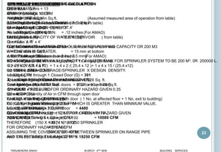 23
STAIR CASE PRESSURIZATION CALCULATION
Q1 = Kf A √ Δ P
Q1 = Air Leakage in CFM
A = Area of leakage in Sq.ft.
Δ P = Pressure difference in inches ( 7.5 mm)
Kf = Coefficient 2610
No. of Floors = GF+ 9
No. of doors = 10
Door size = 8’ x 4’
Gap between door and frame/floor = 2mm at top and on side
= 15 mm at bottom
Area of leakage between door & frame
= 2 x H x gap (side) + 1 x w x gap(top) + 1x wx gap (bottom)
= 2 x 8 x 2 / (25.4 x 12) + 1 x 4 x 2 /( 25.4 x 12 )+ 1 x 4 x 15 / (25.4 x12)
=0.104 + 0.0262 + 0.196
=0.326 Sq. Ft.
Area of leakage in closed condition / door = 0.326 Sq. ft.
Total leakage area for 10 Nos. doors = 0.326 x 10 = 3.26 Sq.ft.
Q1 = 2610 x 3.26 x √ 0.3
= 4674 CFM
Leakage of air through 2 Nos. open door ( 1 No. at affected floor + 1 No. exit to building)
Q2 = Area of doors x Velocity
= 8’ x 4’ x 2 Nos. x 200 FPM
Q2 = 12800 CFM
FAN CAPACITY = Q1 + Q2
= 4674 + 12800
= 17474 CFM
SAY 17500 CFM
Add 10% For Safety & Leakage CFM = 19250 CFM
TARUNENDRA SINGH M.ARCH 4RD SEM BUILDING SERVICES
LIFT WELL PRESSURIZATION CALCULATION
Total No. of Floors = 13
Width (W) = 3.2’
Height (H) = 7’
1 Leakage through Closed Door of size 3.2’ x 7’
Leakage Length , 2x(W+H)+H = 27.4’
Air Leakage Gap( mm) 3 = .12 inches
Leakage Area (A) = 0.274 Sqft
Q = Kf A √ Δ P
Q = Volumetric Flow rate in CFM
A = Flow area in Sq.ft.
Δ P = Pressure difference in inches ( 7.5 mm)
Kf = Coefficient 2610
Q = 2610 X A X √ Δ P
= 2610 x .274 x √ .3
Leakage CFM through 1 Closed Door (Q) = 391
2) Leakage through Open Door of size 3.2’ x 7’
Leakage Area (A) = 22.4 Sqft
Q = A X E
Where Q = Quantity of Air in CFM through open door
A = Leakage Area in sq.ft.
E = Egress Velocity, = 200 FPM
Leakage CFM through 1 Open Door = 4480
Total leakage CFM through (12 X 391+1 x 4480) = 9172
Add 10% For Safety & Leakage CFM = 10089 CFM
SPRINKLER CALCULATION
LETS SAY
AREA = 150 M X 100 M
AMAO= 360 SQ.M (Assumed measured area of operation from table)
DESIGN DENSITY = 5 L/MIN/M2 ( from table)
Q1 = AMAO X DESIGN DENSITY
= 360 X 5 = 1800 L/MIN. (For AMAO)
EFFECTIVE CAPACITY OF WATER RESERVOIR ( from table)
FOR MODERATE HAZARD IS 1 HOUR RUN FOR PUMPING CAPACITY OR 200 M3
WHICHEVER IS GREATER.
= 1800 X 60 = 10800 L (For AMAO)
SO AS PER NORM MINIMUM CAPACITY OF WATER TANK FOR SPRINKLER SYSTEM TO BE 200 M3. 0R 200000 L.
Q2 = MAX. AREA COVERAGE/SPRINKLER X DESIGN DENSITY.
(12 M2 FOR ORDINARY HAZARD GIVEN)
= 12 X 5 = 60 L/MIN. (For one sprinkler)
MINIMUM PRESSURE FOR ORDINARY HAZARD GIVEN 0.35
Q2 = K √ P
WHERE K IS THE COEFFICIENT
P= (Q2/K) 2 = (360/80) 2 = 0.562 bar WHICH IS GREATER THAN MINIMUM VALUE.
NO. OF SPRINKLER
COVERAGE/SPRINKLER = 12 M2 FOR ORDINARY HAZARD GIVEN
TOTAL AREA = 150 X 100
THEREFORE (150 X 100 ) / 12 = 1250 SPRINKLER
FOR ORDINARY HAZARD CASE
ASSUMING THE COVERAGE OF 4M BETWEEN SPRINKLER ON RANGE PIPE
AND 3 M BETWEEN THE RANGE PIPE.
 