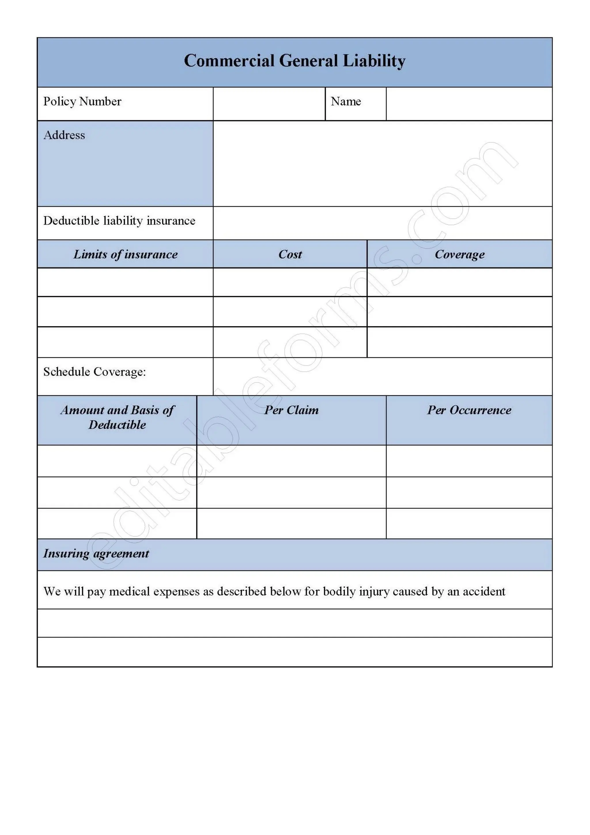 Commercial General Liability Fillable PDF Template | PDF