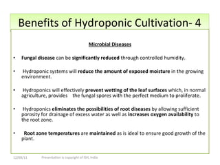 Benefits of Hydroponic Cultivation- 4 Microbial Diseases Fungal disease  can be  significantly reduced  through controlled humidity. Hydroponic systems will  reduce the amount of exposed moisture  in the growing environment.  Hydroponics will effectively  prevent wetting of the leaf surfaces  which, in normal agriculture, provides  the fungal spores with the perfect medium to proliferate. Hydroponics  eliminates the possibilities of root diseases  by allowing sufficient porosity for drainage of excess water as well as  increases oxygen availability  to the root zone.  Root zone temperatures  are  maintained  as is ideal to ensure good growth of the plant. 12/09/11 Presentation is copyright of ISH, India 