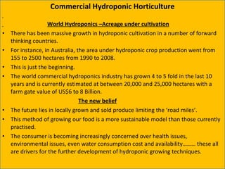 <ul><li>Commercial Hydroponic Horticulture </li></ul><ul><li>World Hydroponics –Acreage under cultivation </li></ul><ul><l...