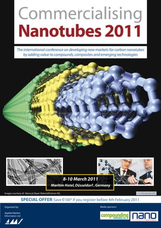 Commercialising
                 TEMPLATE
             nanotubes 2011
           The international conference on developing new markets for carbon nanotubes
               by adding value to compounds, composites and emerging technologies




                                                         8-10 March 2011
                                            Maritim Hotel, Düsseldorf , Germany

Images courtesy of: Nanocyl, Bayer MaterialScience AG,                                       * + 19% German VAT


                  speCial oFFer: Save (100* if you register before 4th February 2011
Organised by:                                                              Media sponsors:

Applied Market
Information Ltd
 