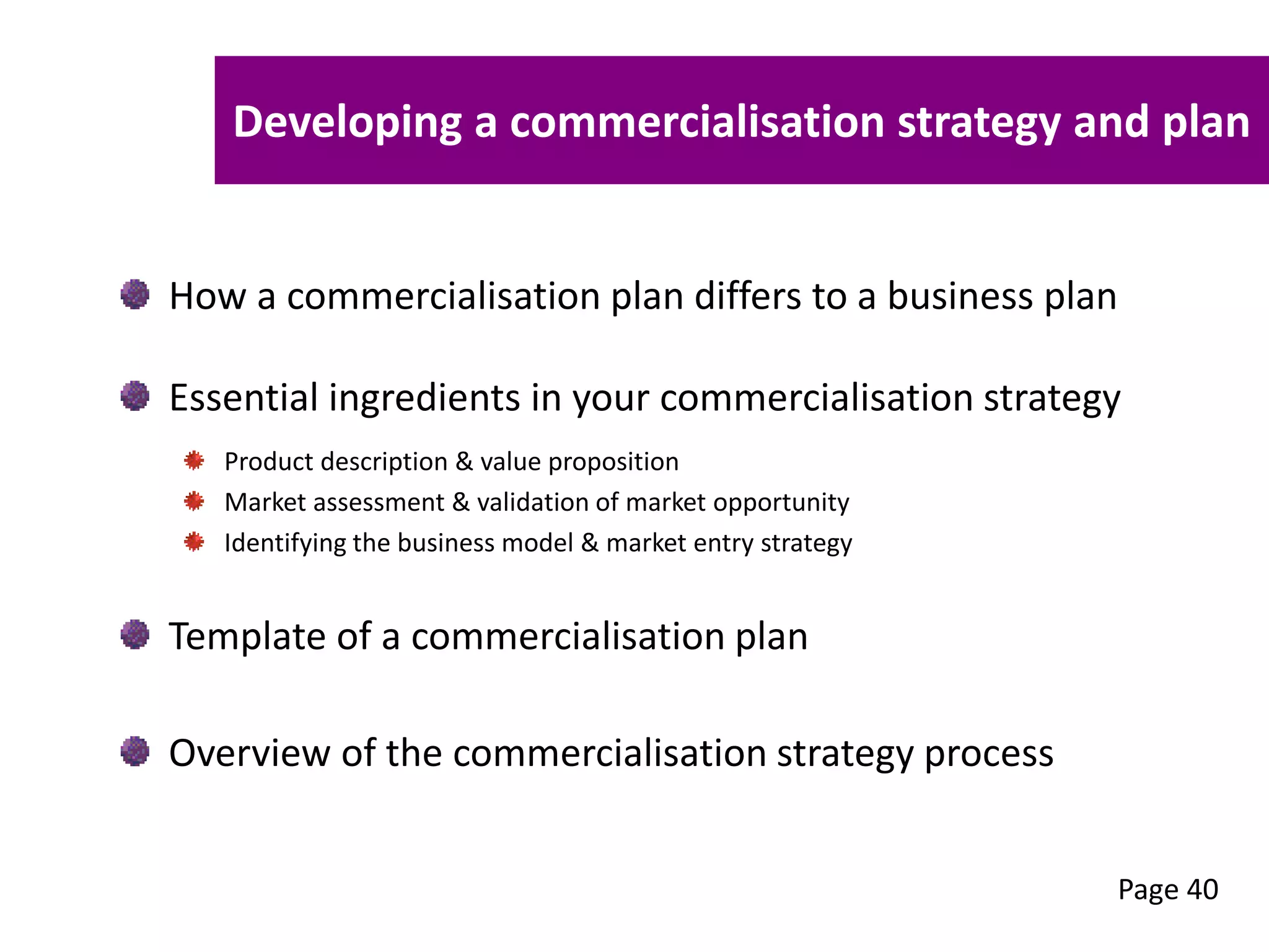 How a commercialisation plan differs to a business plan
Essential ingredients in your commercialisation strategy
Product description & value proposition
Market assessment & validation of market opportunity
Identifying the business model & market entry strategy
Template of a commercialisation plan
Overview of the commercialisation strategy process
Page 40
Developing a commercialisation strategy and plan
 