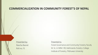 COMMERCIALIZATION IN COMMUNITY FOREST’S OF NEPAL
Presented to;
Forest Governance and Community Forestry Faculty
M. Sc. In NRM- RD, Kathmandu Forestry College
Institute of Forestry, Tribhuwan University
Presented by;
Reecha Basnet
Roll no; 15
 