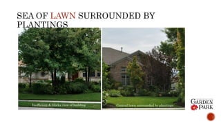 LAWN
Inefficient & blocks view of building Central lawn surrounded by plantings.
 