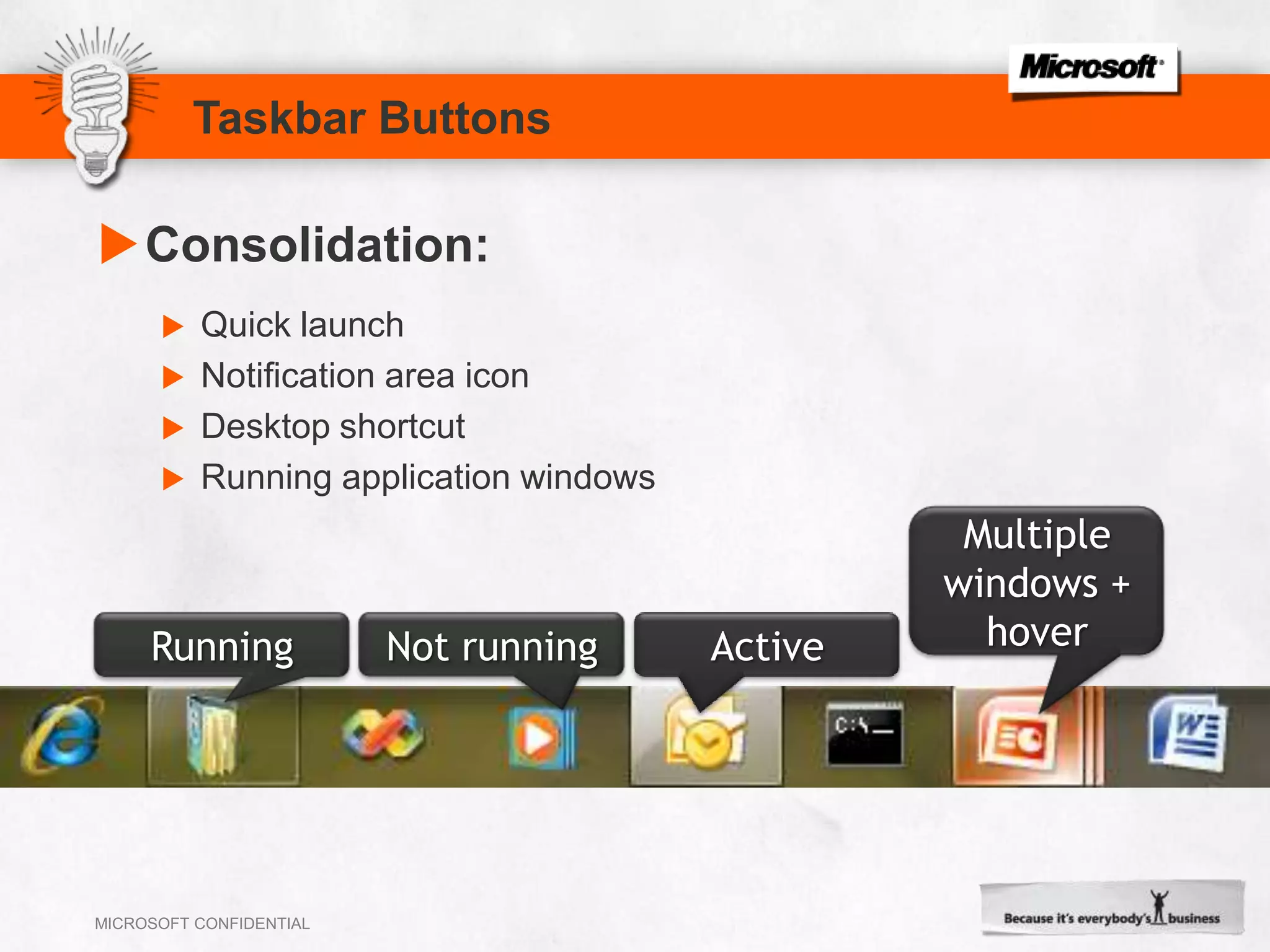Taskbar ButtonsConsolidation:Quick launchNotification area iconDesktop shortcutRunning application windowsMultiple windows + hoverRunningNot runningActive