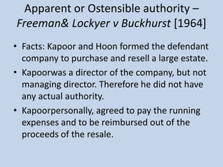 Apparent or Ostensible authority –
Freeman& Lockyer v Buckhurst [1964]
• Facts: Kapoor and Hoon formed the defendant
compa...