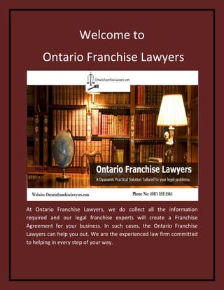 Welcome to
Ontario Franchise Lawyers
At Ontario Franchise Lawyers, we do collect all the information
required and our legal franchise experts will create a Franchise
Agreement for your business. In such cases, the Ontario Franchise
Lawyers can help you out. We are the experienced law firm committed
to helping in every step of your way.
 