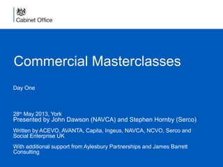 Commercial Masterclasses
Day One
28th
May 2013, York
Presented by John Dawson (NAVCA) and Stephen Hornby (Serco)
Written by ACEVO, AVANTA, Capita, Ingeus, NAVCA, NCVO, Serco and
Social Enterprise UK
With additional support from Aylesbury Partnerships and James Barrett
Consulting
 