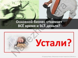 ra
                   ve
 Основной бизнес отнимает




            aI
  ВСЁ время и ВСЁ деньги?

        hd
    ez
           Устали?
 ad
N


              © Надежда Ивера. Лаборатория интернет-маркетинга 2oborota.ru
 