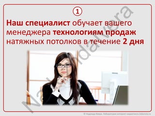 1




                            ra
Наш специалист обучает вашего




                         ve
менеджера технологиям продаж
натяжных потолков в течение 2 дня




                aI
            hd
        ez
   ad
  N


                    © Надежда Ивера. Лаборатория интернет-маркетинга 2oborota.ru
 