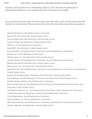 4/10/2014 Spring Career Fair - Updated Companies List - Spartan College of Aeronautics and Technology- Spartan Blog
http:/...