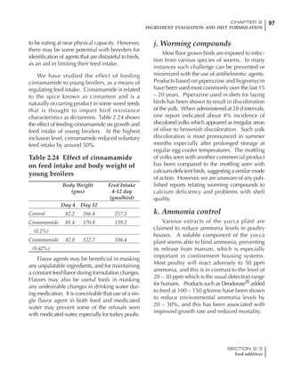 97CHAPTER 2
INGREDIENT EVALUATION AND DIET FORMULATION
SECTION 2.3
Feed additives
to be eating at near physical capacity. However,
there may be some potential with breeders for
identification of agents that are distasteful to birds,
as an aid in limiting their feed intake.
We have studied the effect of feeding
cinnamamide to young broilers, as a means of
regulating feed intake. Cinnamamide is related
to the spice known as cinnamon and is a
naturally occurring product in some weed seeds
that is thought to impart bird resistance
characteristics as do tannins. Table 2.24 shows
the effect of feeding cinnamamide on growth and
feed intake of young broilers. At the highest
inclusion level, cinnamamide reduced voluntary
feed intake by around 50%.
Table 2.24 Effect of cinnamamide
on feed intake and body weight of
young broilers
Body Weight Feed Intake
(gms) 4-12 day
(gms/bird)
Day 4 Day 12
Control 82.2 266.4 257.3
Cinnamamide 81.4 170.8 159.2
(0.2%)
Cinnamamide 82.8 122.7 104.4
(0.42%)
Flavor agents may be beneficial in masking
any unpalatable ingredients, and for maintaining
a constant feed flavor during formulation changes.
Flavors may also be useful tools in masking
any undesirable changes in drinking water dur-
ing medication. It is conceivable that use of a sin-
gle flavor agent in both feed and medicated
water may prevent some of the refusals seen
with medicated water, especially for turkey poults.
j. Worming compounds
Most floor grown birds are exposed to infec-
tion from various species of worms. In many
instances such challenge can be prevented or
minimized with the use of antihelmintic agents.
Products based on piperazine and hygromycin
have been used most commonly over the last 15
– 20 years. Piperazine used in diets for laying
birds has been shown to result in discoloration
of the yolk. When administered at 28 d intervals,
one report indicated about 4% incidence of
discolored yolks which appeared as irregular areas
of olive to brownish discoloration. Such yolk
discoloration is most pronounced in summer
months especially after prolonged storage at
regular egg cooler temperatures. The mottling
of yolks seen with another commercial product
has been compared to the mottling seen with
calcium-deficient birds, suggesting a similar mode
of action. However, we are unaware of any pub-
lished reports relating worming compounds to
calcium deficiency and problems with shell
quality.
k. Ammonia control
Various extracts of the yucca plant are
claimed to reduce ammonia levels in poultry
houses. A soluble component of the yucca
plant seems able to bind ammonia, preventing
its release from manure, which is especially
important in confinement housing systems.
Most poultry will react adversely to 50 ppm
ammonia, and this is in contrast to the level of
20 – 30 ppm which is the usual detection range
for humans. Products such as Deodorase® added
to feed at 100 – 150 g/tonne have been shown
to reduce environmental ammonia levels by
20 – 30%, and this has been associated with
improved growth rate and reduced mortality.
 