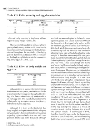 138 CHAPTER 3
FEEDING PROGRAMS FOR GROWING EGG-STRAIN PULLETS
SECTION 3.3
Feeding management of growing pullets
effect of early maturity in Leghorns without
regard to body weight (Table 3.21).
There seems little doubt that body weight and
perhaps body composition at this time are the
major factors influencing egg size both at matu-
rity and throughout the remainder of the laying
period. Summers and Leeson (1983) conclud-
ed that body weight is the main factor control-
ling early egg size (Table 3.22).
Table 3.22 Effect of body weight on
egg size
18 wk wt (g) Early egg wt (g)
1100 46.9
1200 48.4
1280 48.8
1380 49.7
Although there is some evidence to indicate
that nutrients such as protein, methionine and linole-
ic acid can influence egg size throughout the lay-
ing cycle, these nutrients have only moderate effects
on early egg size. This is probably related to the
pullet producing at maximum capacity at least up
to the time of peak egg mass.
Although it is fairly well-established that
body weight is an important criterion for adequate
early production, there is still insufficient evidence
regarding optimum body structure and com-
position. Frame size is still discussed, although
standards are now rarely given in the breeder man-
agement guides. It is known that most (90%) of
the frame size is developed early, and so by 12-
16 weeks of age, the so-called ‘size’ of the pul-
let is fixed. While this parameter is useful as anoth-
er monitoring tool, we have had little success in
affecting frame size without also affecting body
weight. It therefore seems very difficult to pro-
duce, by nutritional modification, pullets that are
below target weight, yet above average frame size
and vice versa. Since shank length and ‘frame
size’ are so highly correlated with body weight,
their measurement or monitoring is no longer con-
sidered necessary. However, an exception to this
rule occurs in hot weather conditions where high
temperatures seem to stimulate leg bone growth
independent of body weight. It is not clear
why birds held at higher temperatures have
longer shank bones, although there is a possibility
of altered hormone balance. For example, thy-
roid hormones are known to influence bone devel-
opment through mediation of somatomedins
and it has been shown that even though birds held
at 30 vs. 22ºC have reduced thyroid size, their
circulating T4 levels are increased by 100%.
Another factor that may be of importance is
blood flow to the feet and legs during heat
stress. It is well known that birds divert more blood
to the legs during heat stress as a means of
countercurrent cooling between the arterial
and venous supply. In some types of birds,
heat loss from the legs can be the largest con-
tributor to overall heat loss, and it is interesting
that this has been recorded to occur at 30ºC since
Table 3.21 Pullet maturity and egg characteristics
Age at Lighting Egg production (%) Egg size (% large)
(wk) 18-20 wk Mean 30 wk 63 wk
(to 35 wk)
15 32 92 17 44
18 12 92 21 65
21 0 91 37 69
 