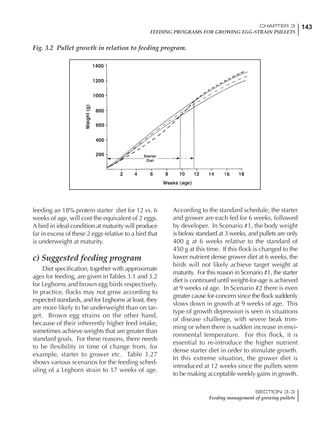 143CHAPTER 3
FEEDING PROGRAMS FOR GROWING EGG-STRAIN PULLETS
SECTION 3.3
Feeding management of growing pullets
feeding an 18% protein starter diet for 12 vs. 6
weeks of age, will cost the equivalent of 2 eggs.
A bird in ideal condition at maturity will produce
far in excess of these 2 eggs relative to a bird that
is underweight at maturity.
c) Suggested feeding program
Diet specification, together with approximate
ages for feeding, are given inTables 3.1 and 3.2
for Leghorns and brown egg birds respectively.
In practice, flocks may not grow according to
expected standards, and for Leghorns at least, they
are more likely to be underweight than on tar-
get. Brown egg strains on the other hand,
because of their inherently higher feed intake,
sometimes achieve weights that are greater than
standard goals. For these reasons, there needs
to be flexibility in time of change from, for
example, starter to grower etc. Table 3.27
shows various scenarios for the feeding sched-
uling of a Leghorn strain to 17 weeks of age.
According to the standard schedule, the starter
and grower are each fed for 6 weeks, followed
by developer. In Scenario #1, the body weight
is below standard at 3 weeks, and pullets are only
400 g at 6 weeks relative to the standard of
450 g at this time. If this flock is changed to the
lower nutrient dense grower diet at 6 weeks, the
birds will not likely achieve target weight at
maturity. For this reason in Scenario #1, the starter
diet is continued until weight-for-age is achieved
at 9 weeks of age. In Scenario #2 there is even
greater cause for concern since the flock suddenly
slows down in growth at 9 weeks of age. This
type of growth depression is seen in situations
of disease challenge, with severe beak trim-
ming or when there is sudden increase in envi-
ronmental temperature. For this flock, it is
essential to re-introduce the higher nutrient
dense starter diet in order to stimulate growth.
In this extreme situation, the grower diet is
introduced at 12 weeks since the pullets seem
to be making acceptable weekly gains in growth.
Fig. 3.2 Pullet growth in relation to feeding program.
 
