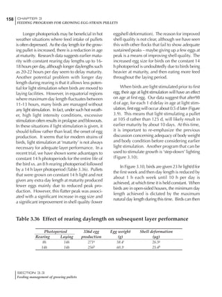 158 CHAPTER 3
FEEDING PROGRAMS FOR GROWING EGG-STRAIN PULLETS
SECTION 3.3
Feeding management of growing pullets
Longer photoperiods may be beneficial in hot
weather situations where feed intake of pullets
is often depressed. As the day length for the grow-
ing pullet is increased, there is a reduction in age
at maturity. Research data suggests earlier matu-
rity with constant rearing day lengths up to 16-
18 hours per day, although longer daylengths such
as 20-22 hours per day seem to delay maturity.
Another potential problem with longer day
length during rearing is that it allows less poten-
tial for light stimulation when birds are moved to
laying facilities. However, in equatorial regions
where maximum day length fluctuates between
11-13 hours, many birds are managed without
any light stimulation. In fact, under such hot weath-
er, high light intensity conditions, excessive
stimulation often results in prolapse and blowouts.
In these situations if light stimulation is given, it
should follow rather than lead, the onset of egg
production. It seems that for modern strains of
birds, light stimulation at ‘maturity’ is not always
necessary for adequate layer performance. In a
recent trial, we have shown some advantages to
constant 14 h photoperiods for the entire life of
the bird vs. an 8 h rearing photoperiod followed
by a 14 h layer photoperiod (Table 3.36). Pullets
that were grown on constant 14 h light and not
given any extra day length at maturity produced
fewer eggs mainly due to reduced peak pro-
duction. However, this flatter peak was associ-
ated with a significant increase in egg size and
a significant improvement in shell quality (lower
eggshell deformation). The reason for improved
shell quality is not clear, although we have seen
this with other flocks that fail to show adequate
sustained peaks – maybe giving up a few eggs at
peak is a means of improving shell quality. The
increased egg size for birds on the constant 14
h photoperiod is undoubtedly due to birds being
heavier at maturity, and then eating more feed
throughout the laying period.
When birds are light stimulated prior to first
egg, their age at light stimulation will have an effect
on age at first egg. Our data suggest that after98
d of age, for each 1 d delay in age at light stim-
ulation, first egg will occur about 0.5 d later (Figure
3.9). This means that light stimulating a pullet
at 105 d rather than 125 d, will likely result in
earlier maturity by about 10 days. At this time,
it is important to re-emphasize the previous
discussion concerning adequacy of body weight
and body condition before considering earlier
light stimulation. Another program that can be
used to stimulate growth is ‘step-down’ lighting
(Figure 3.10).
In Figure 3.10, birds are given 23 hr light/d for
the first week and then day length is reduced by
about 1 h each week until 10 h per day is
achieved, at which time it is held constant. When
birds are in open-sided houses, the minimum day
length achieved is dictated by the maximum
natural day length during this time. Birds can then
Photoperiod 336d egg Egg weight Shell deformation
Rearing Laying production (g) (µg)
8h 14h 271a 58.4b
26.5a
14h 14h 256b 60.3a
25.4b
Table 3.36 Effect of rearing daylength on subsequent layer performance
 