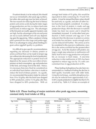 191CHAPTER 4
FEEDING PROGRAMS FOR LAYING HENS
SECTION 4.4
Phase Feeding
If nutrient density is to be reduced, this should
not occur immediately after peak egg numbers,
but rather after peak egg mass has been achieved.
The two reasons for reducing the level of dietary
protein and amino acids during the latter stages
of egg production are first, to reduce feed costs
and second, to reduce egg size. The advantages
of the first point are readily apparent if protein costs
are high, but the advantages of the second point
are not so easily defined and will vary depend-
ing upon the egg pricing. When a producer is being
paid a premium for extra large and jumbo eggs,
there is no advantage to using a phase feeding pro-
gram unless eggshell quality is a problem.
It is difficult to give specific recommendations
regarding any decrease in dietary protein or
amino acid level that can be made to temper egg
size without also decreasing the level of production.
The appropriate reduction in protein level will
depend on the season of the year (effect of tem-
perature on feed consumption, age and production
of the bird, and energy level of the diet). Hence,
it is necessary that every flock be considered on
an individual basis before a decision is made to
reduce the level of dietary protein. As a guide,
it is recommended that protein intake be reduced
from 19 to 18 g/day after the birds have dropped
to 90% production, and to 15-16 g/day after they
have dropped to 80% production. With an
average feed intake of 95 g/day, this would be
equivalent to diets containing 20, 19 and 16%
protein. It must be stressed that these values should
be used only as a guide, and after all other fac-
tors have been properly considered. If a reduc-
tion in the level of protein is made and egg
production drops, then the decrease in nutrient
intake has been too severe and it should be
immediately increased. If, on the other hand, pro-
duction is held constant and egg size is not
reduced, then the decrease in protein or amino
acid intake has not been severe enough and it
can be reduced still further. The amino acid to
be considered in this exercise is methionine, since
this is the amino acid that has the greatest effect
on egg size. As for the situation with protein, too
large a single step reduction in methionine will
likely lead to loss in egg production and possi-
bly an increase in feed intake. A one-time
reduction in diet methionine of 20% has been
reported to reduce egg size by 3% with con-
commitant loss in egg production of 8%.
Phase feeding of phosphorus has also been rec-
ommended as a method of halting the decline in
shell quality invariably seen with older birds.
Using this technique, available phosphorus lev-
els may be reduced from approximately 0.42 –
0.46% at peak production to slightly less than 0.3%
at end of lay. Table 4.21 shows an example of
Table 4.21 Phase feeding of major nutrients after peak egg mass, assuming
constant daily feed intake at 100 g
Bird characteristics Diet levels (%)
Age (wks) Egg production Crude Methionine Calcium Av.
(%) protein phosphorus
<35 93 19.0 0.41 4.2 0.44
45 90 18.0 0.38 4.3 0.41
55 85 17.0 0.36 4.4 0.36
70 80 16.0 0.34 4.5 0.32
 