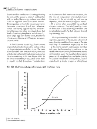 194 CHAPTER 4
FEEDING PROGRAMS FOR LAYING HENS
SECTION 4.6
Nutrition and shell quality
Even with ideal conditions,4–5% of eggs leaving
the farm will be graded as ‘cracks’, and together
with cracked and broken eggs on-farm, means that
7–8% of eggshells break for various reasons.
The composition of the shell is very consistent since
the major constituent is calcium carbonate.
When considering eggshell quality, the nutri-
tional factors most often investigated are diet
levels of calcium, phosphorus, and vitamin D3.
Since larger eggs have thinner shells, then levels
of protein, methionine, andTSAA may also come
under scrutiny.
A shell contains around 2 g of calcium the
origin of which is the feed, with a portion of this
cycling through the medullary bone. The most
active period for shell formation usually coincides
with the dark phase of the photoperiod, and so
birds are not eating at this time (Figure 4.10). In
the first 6 hours of the 24 h ovulatory cycle, there
is virtually no shell deposition. This is the time
of albumen and shell membrane secretion, and
the time of redeposition of medullary bone.
From 6 – 12 hr about 400 mg calcium are
deposited, while the most active period is the 12
– 18 hr period when around 800 mg shell cal-
cium accumulates. This is followed by a slow-
er deposition of about 500 mg in the last 6 hr,
for a total of around 1.7 g shell calcium, depend-
ing upon egg size.
During the evening, when shell calcification
is greatest, a portion of the required calcium will
come from the medullary bone reserves. The total
medullary calcium reserves are probably less than
1 g.This reserve normally contributes no more than
0.1 g to a shell containing 2g calcium, yet are
essential for the almost daily shell formation process
of the modern layer. The medullary bone is com-
posed of calcium phosphate, and so the quantity
of calcium liberated for shell synthesis, is asso-
ciated with a similar release of phosphorus.
Fig. 4.10 Shell mineral deposition over a 24h ovulation cycle
 