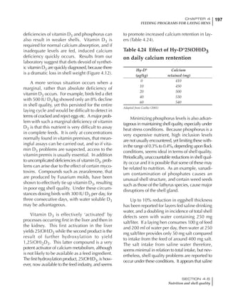 197CHAPTER 4
FEEDING PROGRAMS FOR LAYING HENS
SECTION 4.6
Nutrition and shell quality
deficiencies of vitamin D3 and phosphorus can
also result in weaker shells. Vitamin D3 is
required for normal calcium absorption, and if
inadequate levels are fed, induced calcium
deficiency quickly occurs. Results from our
laboratory suggest that diets devoid of synthet-
ic vitamin D3 are quickly diagnosed, because there
is a dramatic loss in shell weight (Figure 4.12).
A more serious situation occurs when a
marginal, rather than absolute deficiency of
vitamin D3 occurs. For example, birds fed a diet
with 500 IU D3/kg showed only an 8% decline
in shell quality, yet this persisted for the entire
laying cycle and would be difficult to detect in
terms of cracked and reject eggs etc. A major prob-
lem with such a marginal deficiency of vitamin
D3 is that this nutrient is very difficult to assay
in complete feeds. It is only at concentrations
normally found in vitamin premixes, that mean-
ingful assays can be carried out, and so if vita-
min D3 problems are suspected, access to the
vitamin premix is usually essential. In addition
to uncomplicated deficiencies of vitamin D3, prob-
lems can arise due to the effect of certain myco-
toxins. Compounds such as zearalenone, that
are produced by Fusarium molds, have been
shown to effectively tie up vitamin D3, resulting
in poor egg shell quality. Under these circum-
stances dosing birds with 300 IU D3 per day, for
three consecutive days, with water soluble D3
may be advantageous.
Vitamin D3 is effectively ‘activated’ by
processes occurring first in the liver and then in
the kidney. This first activation in the liver
yields 25(OH)D3 while the second product is the
result of further hydroxylation to yield
1,25(OH)2D3. This latter compound is a very
potent activator of calcium metabolism, although
is not likely to be available as a feed ingredient.
The first hydroxylation product, 25(OH)D3, is how-
ever, now available to the feed industry, and seems
to promote increased calcium retention in lay-
ers (Table 4.24).
Table 4.24 Effect of Hy-D®
25(OH)D3
on daily calcium rentention
Hy-D®
Calcium
(µg/kg) retained (mg)
0 410
10 450
20 500
40 530
60 540
Adapted from Coelho (2001)
Minimizing phosphorus levels is also advan-
tageous in maintaining shell quality, especially under
heat stress conditions. Because phosphorus is a
very expensive nutrient, high inclusion levels
are not usually encountered, yet limiting these with-
in the range of 0.3% to 0.4%, depending upon flock
conditions, seems ideal in terms of shell quality.
Periodically, unaccountable reductions in shell qual-
ity occur and it is possible that some of these may
be related to nutrition. As an example, vanadi-
um contamination of phosphates causes an
unusual shell structure, and certain weed seeds
such as those of the lathyrus species, cause major
disruptions of the shell gland.
Up to 10% reduction in eggshell thickness
has been reported for layers fed saline drinking
water, and a doubling in incidence of total shell
defects seen with water containing 250 mg
salt/liter. If a laying hen consumes 100 g of feed
and 200 ml of water per day, then water at 250
mg salt/liter provides only 50 mg salt compared
to intake from the feed of around 400 mg salt.
The salt intake from saline water therefore,
seems minimal in relation to total intake, but nev-
ertheless, shell quality problems are reported to
occur under these conditions. It appears that saline
 