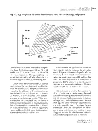 199CHAPTER 4
FEEDING PROGRAMS FOR LAYING HENS
SECTION 4.7
Controlling egg size
Comparable calculations for the other age peri-
ods show 7.3% improvement from 38 – 44
weeks, and 6.7% and 6.0% at 51 – 58 and 64
– 71 weeks respectively. The egg weight response
to methionine therefore, closely follows the nor-
mal daily egg mass output of the laying hen.
Dietary levels of methionine orTSAA’s are most
easily adjusted by use of synthetic methionine.
There has recently been a resurgence in discussion
regarding the efficacy of DL-methionine vs.
methionine hydroxy analogue, and in particu-
lar Alimet®
, as they influence layer perform-
ance and in particular egg weight. When unbi-
ased studies are conducted, and the levels of
methionine are comparable to industry standards,
then DL-methionine is comparable to Alimet®
on an equimolar basis. In terms of egg weight,
Harms and Russell (1994) show similar respons-
es to the two products (Table 4.27).
There has been a suggestion that L-methio-
nine may, in fact, be superior to any other
source. This product is not usually produced com-
mercially, because routine manufacture of
methionine produces a mixture of D- and L-methio-
nine. This is the only amino acid where there is
apparently 100% efficacy of the D-isomer.
However, most research data indiates no difference
in potency of L- vs DL-methionine sources.
Methionine acts as a methyl donor, and so the
efficacy of methionine vs. choline is often discussed.
While choline can spare some methionine in a
diet, it is obvious that there are severe limitations
to this process, and this becomes most obvious
when egg size, rather than simply egg production,
is a major consideration. Data from Parsons
and Leeper (Table 4.28) clearly shows the advan-
tage of using methionine over choline in terms
of egg size, and that this effect becomes most crit-
ical as diet crude protein level is reduced.
Fig. 4.13 Egg weight (18-66 weeks) in response to daily intakes of energy and protein.
 