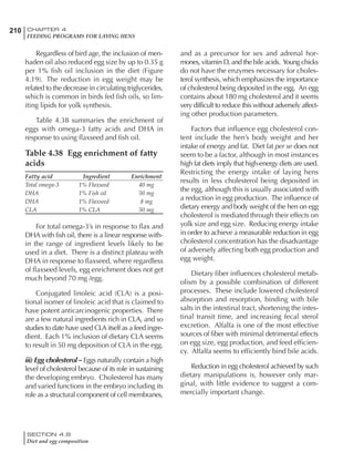 210 CHAPTER 4
FEEDING PROGRAMS FOR LAYING HENS
SECTION 4.8
Diet and egg composition
Regardless of bird age, the inclusion of men-
haden oil also reduced egg size by up to 0.35 g
per 1% fish oil inclusion in the diet (Figure
4.19). The reduction in egg weight may be
related to the decrease in circulating triglycerides,
which is common in birds fed fish oils, so lim-
iting lipids for yolk synthesis.
Table 4.38 summaries the enrichment of
eggs with omega-3 fatty acids and DHA in
response to using flaxseed and fish oil.
Table 4.38 Egg enrichment of fatty
acids
Fatty acid Ingredient Enrichment
Total omega-3 1% Flaxseed 40 mg
DHA 1% Fish oil 50 mg
DHA 1% Flaxseed 8 mg
CLA 1% CLA 50 mg
For total omega-3’s in response to flax and
DHA with fish oil, there is a linear response with-
in the range of ingredient levels likely to be
used in a diet. There is a distinct plateau with
DHA in response to flaxseed, where regardless
of flaxseed levels, egg enrichment does not get
much beyond 70 mg /egg.
Conjugated linoleic acid (CLA) is a posi-
tional isomer of linoleic acid that is claimed to
have potent anticarcinogenic properties. There
are a few natural ingredients rich in CLA, and so
studies to date have used CLA itself as a feed ingre-
dient. Each 1% inclusion of dietary CLA seems
to result in 50 mg deposition of CLA in the egg.
iii) Egg cholesterol – Eggs naturally contain a high
level of cholesterol because of its role in sustaining
the developing embryo. Cholesterol has many
and varied functions in the embryo including its
role as a structural component of cell membranes,
and as a precursor for sex and adrenal hor-
mones, vitamin D, and the bile acids. Young chicks
do not have the enzymes necessary for choles-
terol synthesis, which emphasizes the importance
of cholesterol being deposited in the egg. An egg
contains about 180 mg cholesterol and it seems
very difficult to reduce this without adversely affect-
ing other production parameters.
Factors that influence egg cholesterol con-
tent include the hen’s body weight and her
intake of energy and fat. Diet fat per se does not
seem to be a factor, although in most instances
high fat diets imply that high-energy diets are used.
Restricting the energy intake of laying hens
results in less cholesterol being deposited in
the egg, although this is usually associated with
a reduction in egg production. The influence of
dietary energy and body weight of the hen on egg
cholesterol is mediated through their effects on
yolk size and egg size. Reducing energy intake
in order to achieve a measurable reduction in egg
cholesterol concentration has the disadvantage
of adversely affecting both egg production and
egg weight.
Dietary fiber influences cholesterol metab-
olism by a possible combination of different
processes. These include lowered cholesterol
absorption and resorption, binding with bile
salts in the intestinal tract, shortening the intes-
tinal transit time, and increasing fecal sterol
excretion. Alfalfa is one of the most effective
sources of fiber with minimal detrimental effects
on egg size, egg production, and feed efficien-
cy. Alfalfa seems to efficiently bind bile acids.
Reduction in egg cholesterol achieved by such
dietary manipulations is, however only mar-
ginal, with little evidence to suggest a com-
mercially important change.
 
