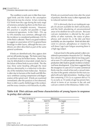 218 CHAPTER 4
FEEDING PROGRAMS FOR LAYING HENS
SECTION 4.9
Diet implications with some general management problems
The condition is rarely seen in litter floor man-
aged birds and this leads to the assumption
that exercise may be a factor. In fact, removing
CLF birds from the cage during the early stage
of lameness and placing them on the floor usu-
ally results in complete recovery. However,
this practice is usually not possible in large
commercial operations. In the 1960 – 70’s, up
to 10% mortality was common, although now
the incidence is considered problematic if 0.5%
of the flock is affected. There is no good evidence
to suggest an association of CLF to general bone
breakage in older layers, although the two con-
ditions are often described as part of the same
general syndrome.
If birds are identified early, they appear alert
and are still producing eggs. The bones seem frag-
ile and there may be broken bones. Dead birds
may be dehydrated or emaciated, simply due to
the failure of these birds to eat or drink. The ribs
may show some beading although the most
obvious abnormality is a reduction in the den-
sity of the medullary bone trabeculae. Paralysis
is often due to fractures of the fourth and fifth tho-
racic vertebrae causing compression and degen-
eration of the spinal cord. If birds are examined
immediately after the paralysis is first observed,
there is often a partly shelled egg in the oviduct,
and the ovary contains a rich hierarchy of yolks.
If birds are examined some time after the onset
of paralysis, then the ovary is often regressed, due
to reduced nutrient intake.
CLF is obviously due to an inadequate sup-
ply of calcium available for shell calcification,
and the bird’s plundering of unconventional
areas of its skeleton for such calcium. Because
calcium metabolism is affected by the avail-
ability of other nutrients, the status of phos-
phorus and vitamin D3 in the diet and their
availability are also important. Birds fed diets defi-
cient in calcium, phosphorus or vitamin D3
will show Cage Layer Fatigue assuming there is
a high egg output.
Calcium level in the prelay period is often con-
sidered in preventative measures for CLF. Feeding
low calcium (1%) grower diets for too long a peri-
od or even 2% calcium prelay diets up to 5% egg
production often leads to greater incidence of abnor-
mal bone development. It has been suggested that
the resurgence in cases of CLF in some commercial
flocks may be a result of too early a sexual matu-
rity due to the genetic selection for this trait cou-
pled with early light stimulation. Feeding a layer
diet containing 3.5% Ca vs a grower diet at 1%
Ca as early as 14 weeks of age has proven ben-
eficial in terms of an increase in the ash and
calcium content of the tibiotarsus (Table 4.44).
Table 4.44 Diet calcium and bone characteristics of young layers in response
to prelay diet calcium
Time of change to Tibiotarsus
3.5% Ca (wk) Ash (%) Ca (mg/g)
20 53.5c 182b
18 55.7b 187b
17 59.3a 202a
16 58.9a 199a
15 58.9a 197a
Adapted from Keshavarz (1989)
 