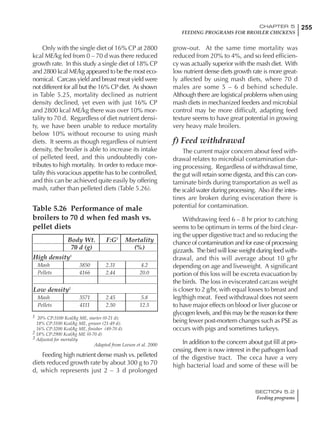 255CHAPTER 5
FEEDING PROGRAMS FOR BROILER CHICKENS
SECTION 5.2
Feeding programs
Only with the single diet of 16% CP at 2800
kcal ME/kg fed from 0 – 70 d was there reduced
growth rate. In this study a single diet of 18% CP
and 2800 kcal ME/kg appeared to be the most eco-
nomical. Carcass yield and breast meat yield were
not different for all but the 16% CP diet. As shown
in Table 5.25, mortality declined as nutrient
density declined, yet even with just 16% CP
and 2800 kcal ME/kg there was over 10% mor-
tality to 70 d. Regardless of diet nutrient densi-
ty, we have been unable to reduce mortality
below 10% without recourse to using mash
diets. It seems as though regardless of nutrient
density, the broiler is able to increase its intake
of pelleted feed, and this undoubtedly con-
tributes to high mortality. In order to reduce mor-
tality this voracious appetite has to be controlled,
and this can be achieved quite easily by offering
mash, rather than pelleted diets (Table 5.26).
grow-out. At the same time mortality was
reduced from 20% to 4%, and so feed efficien-
cy was actually superior with the mash diet. With
low nutrient dense diets growth rate is more great-
ly affected by using mash diets, where 70 d
males are some 5 – 6 d behind schedule.
Although there are logistical problems when using
mash diets in mechanized feeders and microbial
control may be more difficult, adapting feed
texture seems to have great potential in growing
very heavy male broilers.
f) Feed withdrawal
The current major concern about feed with-
drawal relates to microbial contamination dur-
ing processing. Regardless of withdrawal time,
the gut will retain some digesta, and this can con-
taminate birds during transportation as well as
the scald water during processing. Also if the intes-
tines are broken during evisceration there is
potential for contamination.
Withdrawing feed 6 – 8 hr prior to catching
seems to be optimum in terms of the bird clear-
ing the upper digestive tract and so reducing the
chance of contamination and for ease of processing
gizzards. The bird will lose weight during feed with-
drawal, and this will average about 10 g/hr
depending on age and liveweight. A significant
portion of this loss will be excreta evacuation by
the birds. The loss in eviscerated carcass weight
is closer to 2 g/hr, with equal losses to breast and
leg/thigh meat. Feed withdrawal does not seem
to have major effects on blood or liver glucose or
glycogen levels, and this may be the reason for there
being fewer post-mortem changes such as PSE as
occurs with pigs and sometimes turkeys.
In addition to the concern about gut fill at pro-
cessing, there is now interest in the pathogen load
of the digestive tract. The ceca have a very
high bacterial load and some of these will be
Table 5.26 Performance of male
broilers to 70 d when fed mash vs.
pellet diets
Feeding high nutrient dense mash vs. pelleted
diets reduced growth rate by about 300 g to 70
d, which represents just 2 – 3 d prolonged
Body Wt. F:G3
Mortality
70 d (g) (%)
High density1
Mash 3850 2.31 4.2
Pellets 4166 2.44 20.0
Low density2
Mash 3571 2.45 5.8
Pellets 4111 2.50 12.5
1 20% CP:3100 Kcal/kg ME, starter (0-21 d);
18% CP:3100 Kcal/kg ME, grower (21-49 d);
16% CP:3200 Kcal/kg ME, finisher (49-70 d).
2 18% CP:2900 Kcal/kg ME (0-70 d)
3 Adjusted for mortality
Adapted from Leeson et al. 2000
 