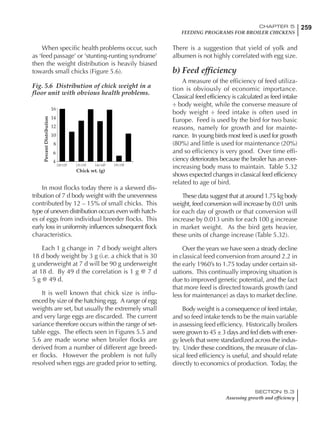 259CHAPTER 5
FEEDING PROGRAMS FOR BROILER CHICKENS
SECTION 5.3
Assessing growth and efficiency
When specific health problems occur, such
as ‘feed passage’ or ‘stunting-runting syndrome’
then the weight distribution is heavily biased
towards small chicks (Figure 5.6).
There is a suggestion that yield of yolk and
albumen is not highly correlated with egg size.
b) Feed efficiency
A measure of the efficiency of feed utiliza-
tion is obviously of economic importance.
Classical feed efficiency is calculated as feed intake
÷ body weight, while the converse measure of
body weight ÷ feed intake is often used in
Europe. Feed is used by the bird for two basic
reasons, namely for growth and for mainte-
nance. In young birds most feed is used for growth
(80%) and little is used for maintenance (20%)
and so efficiency is very good. Over time effi-
ciency deteriorates because the broiler has an ever-
increasing body mass to maintain. Table 5.32
shows expected changes in classical feed efficiency
related to age of bird.
These data suggest that at around 1.75 kg body
weight, feed conversion will increase by 0.01 units
for each day of growth or that conversion will
increase by 0.013 units for each 100 g increase
in market weight. As the bird gets heavier,
these units of change increase (Table 5.32).
Over the years we have seen a steady decline
in classical feed conversion from around 2.2 in
the early 1960’s to 1.75 today under certain sit-
uations. This continually improving situation is
due to improved genetic potential, and the fact
that more feed is directed towards growth (and
less for maintenance) as days to market decline.
Body weight is a consequence of feed intake,
and so feed intake tends to be the main variable
in assessing feed efficiency. Historically broilers
were grown to 45 ± 3 days and fed diets with ener-
gy levels that were standardized across the indus-
try. Under these conditions, the measure of clas-
sical feed efficiency is useful, and should relate
directly to economics of production. Today, the
Fig. 5.6 Distribution of chick weight in a
floor unit with obvious health problems.
In most flocks today there is a skewed dis-
tribution of 7 d body weight with the unevenness
contributed by 12 – 15% of small chicks. This
type of uneven distribution occurs even with hatch-
es of eggs from individual breeder flocks. This
early loss in uniformity influences subsequent flock
characteristics.
Each 1 g change in 7 d body weight alters
18 d body weight by 3 g (i.e. a chick that is 30
g underweight at 7 d will be 90 g underweight
at 18 d. By 49 d the correlation is 1 g @ 7 d
5 g @ 49 d.
It is well known that chick size is influ-
enced by size of the hatching egg. A range of egg
weights are set, but usually the extremely small
and very large eggs are discarded. The current
variance therefore occurs within the range of set-
table eggs. The effects seen in Figures 5.5 and
5.6 are made worse when broiler flocks are
derived from a number of different age breed-
er flocks. However the problem is not fully
resolved when eggs are graded prior to setting.
 