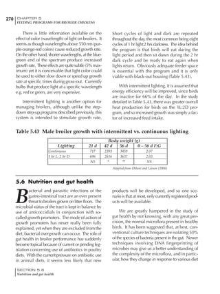 270 CHAPTER 5
FEEDING PROGRAMS FOR BROILER CHICKENS
SECTION 5.6
Nutrition and gut health
There is little information available on the
effect of color (wavelength) of light on broilers. It
seems as though wavelengths above 550 nm (pur-
ple-orange-red colors) cause reduced growth rate.
On the other hand, shorter wavelengths, at the blue-
green end of the spectrum produce increased
growth rate. These effects are quite subtle (5% max-
imum) yet it is conceivable that light color could
be used to either slow down or speed up growth
rate at specific times during grow-out. Currently
bulbs that produce light at a specific wavelength
e.g. red or green, are very expensive.
Intermittent lighting is another option for
managing broilers, although unlike the step-
down step-up programs described previously, this
system is intended to stimulate growth rate.
Short cycles of light and dark are repeated
throughout the day, the most common being eight
cycles of 1 hr light:2 hrs darkness. The idea behind
the program is that birds will eat during the
light period and then sit down during the 2 hr
dark cycle and be ready to eat again when
lights return. Obviously adequate feeder space
is essential with the program and it is only
viable with black-out housing (Table 5.43).
With intermittent lighting, it is assumed that
energy efficiency will be improved, since birds
are inactive for 66% of the day. In the study
detailed in Table 5.43, there was greater overall
heat production for birds on the 1L:2D pro-
gram, and so increased growth was simply a fac-
tor of increased feed intake.
5.6 Nutrition and gut health
B
acterial and parasitic infections of the
gastro-intestinal tract are an ever present
threat to broilers grown on litter floors. The
microbial status of the tract is kept in balance by
use of anticoccidials in conjunction with so-
called growth promoters. The mode of action of
growth promoters has never really been fully
explained, yet when they are excluded from the
diet, bacterial overgrowth can occur. The role of
gut health in broiler performance has suddenly
become topical because of current or pending leg-
islation concerning use of antibiotics in poultry
diets. With the current pressure on antibiotic use
in animal diets, it seems less likely that new
products will be developed, and so one sce-
nario is that at most, only currently registered prod-
ucts will be available.
We are greatly hampered in the study of
gut health by not knowing, with any great pre-
cision, the normal microflora present in healthy
birds. It has been suggested that, at best, con-
ventional culture techniques are isolating 50%
of the species of bacteria present in the gut. Newer
techniques involving DNA fingerprinting of
microbes may give us a better understanding of
the complexity of the microflora, and in partic-
ular, how they change in response to various diet
Table 5.43 Male broiler growth with intermittent vs. continuous lighting
Body weight (g)
Lighting 21 d 42 d 56 d 0 – 56 d F:G
Continuous 717 2393 3459 2.07
1 hr L: 2 hr D 696 2616 3637 2.03
NS * ** NS
Adapted from Ohtani and Leeson (2000)
 