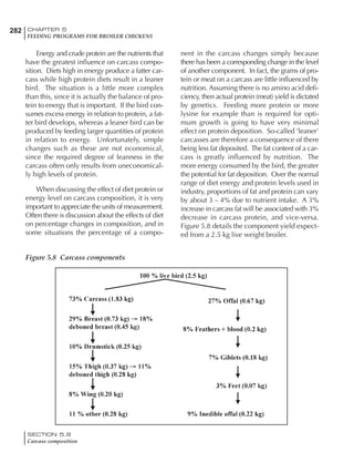 282 CHAPTER 5
FEEDING PROGRAMS FOR BROILER CHICKENS
SECTION 5.8
Carcass composition
Energy and crude protein are the nutrients that
have the greatest influence on carcass compo-
sition. Diets high in energy produce a fatter car-
cass while high protein diets result in a leaner
bird. The situation is a little more complex
than this, since it is actually the balance of pro-
tein to energy that is important. If the bird con-
sumes excess energy in relation to protein, a fat-
ter bird develops, whereas a leaner bird can be
produced by feeding larger quantities of protein
in relation to energy. Unfortunately, simple
changes such as these are not economical,
since the required degree of leanness in the
carcass often only results from uneconomical-
ly high levels of protein.
When discussing the effect of diet protein or
energy level on carcass composition, it is very
important to appreciate the units of measurement.
Often there is discussion about the effects of diet
on percentage changes in composition, and in
some situations the percentage of a compo-
nent in the carcass changes simply because
there has been a corresponding change in the level
of another component. In fact, the grams of pro-
tein or meat on a carcass are little influenced by
nutrition. Assuming there is no amino acid defi-
ciency, then actual protein (meat) yield is dictated
by genetics. Feeding more protein or more
lysine for example than is required for opti-
mum growth is going to have very minimal
effect on protein deposition. So-called ‘leaner’
carcasses are therefore a consequence of there
being less fat deposited. The fat content of a car-
cass is greatly influenced by nutrition. The
more energy consumed by the bird, the greater
the potential for fat deposition. Over the normal
range of diet energy and protein levels used in
industry, proportions of fat and protein can vary
by about 3 – 4% due to nutrient intake. A 3%
increase in carcass fat will be associated with 3%
decrease in carcass protein, and vice-versa.
Figure 5.8 details the component yield expect-
ed from a 2.5 kg live weight broiler.
Figure 5.8 Carcass components
 