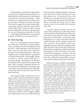 287CHAPTER 5
FEEDING PROGRAMS FOR BROILER CHICKENS
SECTION 5.9
Skin integrity and feather abnormalities
Unfortunately, in most field cases of poor feath-
ering, there is no apparent dietary deficiency as
determined by routine analyses or consideration
of formulation consistency/changes. Often
problems are isolated to particular flocks with-
in a site where all flocks receive the same feed.
These factors support the concept of poor feath-
ering being caused by infectious agents (likely
in the feather follicle itself) or factor(s) causing
general malabsorption of nutrients. Because feath-
ers are very fast growing, especially in the first
7 – 14 d of age their development is very sensitive
to general availability of circulating nutrients.
b) Skin tearing
About 5% of downgrades at processing are
due to skin tears. Most tears occur post-mortem,
and so are related to scald water temperature and
pick time. High temperatures with shorter pick
times cause less tears than lower scald tem-
perature with prolonged pick time. However,
regardless of processing conditions, a proportion
of carcasses have torn skin. Skin strength is greater
in males vs. females, and for both sexes, it
increases with age. Most problems are therefore
encountered with carcasses from younger female
birds. There is a genetic component, because dif-
ferent strains show differences in skin tearing, and
in one study it was shown that skin from slow feath-
ering strains was less elastic than that from fast
feathering birds.
Skin strength is highly correlated with its col-
lagen content, and so skin with greater collagen
content is less prone to tearing. Any nutrition-
al factor that influences skin collagen content will
therefore indirectly affect susceptibility to tear-
ing. The amino acid proline is a component of
hydroxyproline which itself is responsible for the
stability and rigidity of collagen. Zinc, copper
and vitamin C all play a role in collagen synthesis
and so deficiencies of any one of these nutrients
results in less skin collagen production. However,
gross deficiencies of these nutrients also cause
poor growth rate, a characteristic that is not
usually seen in situations of excessive skin tear-
ing. Unfortunately, there seems to be little ben-
efit to increasing the dietary levels of these
nutrients, or even increasing the level of proline
in the diet.
A specific dietary situation involves the
anticoccidial, halofuginone. When this product
is fed at normal recommended levels, there is sig-
nificant loss in skin thickness and skin strength,
especially in female birds. In one study, using
halofuginone (at 3 ppm of the diet) resulted in
a 50% reduction in skin collagen content and
50% increase in the incidence of skin tears.
Halofuginone seems to affect skin strength in female
birds, more than it does with males, and because
the female has an inherently weaker skin, this leads
to the greater incidence of tearing. It has been
shown that halofuginone interferes with the
conversion of proline to hydroxyproline in the
skin cells, and that this adverse effect cannot be
corrected by adding more proline to the diet.
When skin tearing is a problem, assuming that
processing conditions have been scrutinized, the
only potential nutritional factors involved are
halofuginone and level of zinc, copper and
vitamin C. Skin tearing is more problematic in
hot weather. This situation leads to recom-
mendations of supplemental vitamin C, although
birds under these conditions almost always
carry more subcutaneous fat. Feeding higher lev-
els of crude protein has also been shown to
increase skin strength although the reason for this
is not clear. More crude protein may provide more
of the non-essential amino acid glycine which
accounts for about 30% of the amino acids in col-
lagen, or alternatively more protein per se may
simply reduce carcass fatness.
 