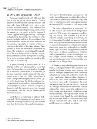 288 CHAPTER 5
FEEDING PROGRAMS FOR BROILER CHICKENS
SECTION 5.9
Skin integrity and feather abnormalities
c) Oily bird syndrome (OBS)
As its name implies, birds with OBS have skin
that is oily or greasy to the touch. OBS is
observed most frequently in older broilers and
especially those fed high-energy diets in the
warmer summer months. The problem also
seems to relate to specific processing plants, where
the occurrence is greater with the increased
‘stress’ applied during processing, and espe-
cially plucking. Interestingly, the condition is rarely
seen in hand-plucked birds. The condition is also
associated with increased water retention in
the carcass, especially in regions of the car-
cass where skin ‘elasticity’ had been affected. These
pockets of water are most often seen in female
birds. The problem is most noticeable in pock-
ets of the skin that separate in the back region.
Because the skin seems more prone to tearing,
these pockets rupture and the surrounding skin
becomes noticeable oily.
A general finding in situations of OBS is a
change in the skin ultrastructure, such that
either the layers of skin separate to allow the pock-
ets of oil and/or chilled water to accumulate, or
the skin tears more easily. Apparently, fat satu-
ration is not a factor in OBS, rather there is
some change in the integrity of the various lay-
ers of the skin because the skin from affected car-
casses is easily separated and removed from the
underlying musculature. The five collagenous
layers beneath the epidermis seem less compact
than normal, and the deepest layers contain
the most fat cells.
While there is no real change in total skin thick-
ness with OBS, its breaking strength seems to be
reduced. Although males usually have thinner
skin than do females, it is usually stronger pos-
sibly due to there being less subcutaneous fat.
Males also exhibit more insoluble skin collagen,
and so this may be important in reducing prob-
lems of solubilization and water uptake as often
occurs with OBS carcasses in chill water tanks.
The main collagen layer in birds with OBS
is 30% weaker at normal body temperature
and up to 50% weaker at temperatures used dur-
ing processing. The problem may relate to
impaired collagen crosslinking. In mammals, and
in the formation of eggshell membranes, lysyl oxi-
dase is thought to be the only enzyme involved
in crosslink maturation of collagen and elastin,
converting lysine and hydroxylysine into alde-
hydes. Lysyl oxidase is a copper metalloenzyme
that requires pyridoxal phosphate as a co-factor,
and copper deficiency is known to impair nor-
mal collagen crosslink structure. However, it does
not seem as though copper deficiency is the sim-
ple solution to this problem.
OBS occurs only in broilers grown in warm cli-
mates, and experimentally the syndrome can
only be duplicated by using warm growing con-
ditions. At higher temperatures, birds carry more
subcutaneous carcass fat, and so this may be the
trigger mechanism. Because of the oily nature of
the carcass, various diet ingredients and nutrient
levels have come under investigation. Fat levels
and sources in the diet have come under close scruti-
ny, although there does not seem to be a simple
relationship. Higher levels of fat and/or energy in
relation to the level of protein in the diet have caused
more problems, although research results are
inconsistent. Even though the bird’s skin has an
oily appearance, levels of unsaturated fatty acids
do not correlate with OBS, and in fact, more
problems are seen in birds fed tallow.
 