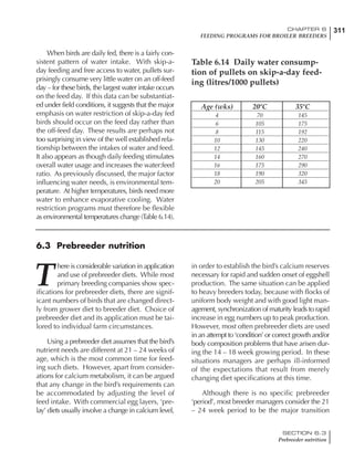 311CHAPTER 6
FEEDING PROGRAMS FOR BROILER BREEDERS
SECTION 6.3
Prebreeder nutrition
When birds are daily fed, there is a fairly con-
sistent pattern of water intake. With skip-a-
day feeding and free access to water, pullets sur-
prisingly consume very little water on an off-feed
day – for these birds, the largest water intake occurs
on the feed day. If this data can be substantiat-
ed under field conditions, it suggests that the major
emphasis on water restriction of skip-a-day fed
birds should occur on the feed day rather than
the off-feed day. These results are perhaps not
too surprising in view of the well established rela-
tionship between the intakes of water and feed.
It also appears as though daily feeding stimulates
overall water usage and increases the water:feed
ratio. As previously discussed, the major factor
influencing water needs, is environmental tem-
perature. At higher temperatures, birds need more
water to enhance evaporative cooling. Water
restriction programs must therefore be flexible
as environmental temperatures change (Table 6.14).
in order to establish the bird’s calcium reserves
necessary for rapid and sudden onset of eggshell
production. The same situation can be applied
to heavy breeders today, because with flocks of
uniform body weight and with good light man-
agement, synchronization of maturity leads to rapid
increase in egg numbers up to peak production.
However, most often prebreeder diets are used
in an attempt to ‘condition’ or correct growth and/or
body composition problems that have arisen dur-
ing the 14 – 18 week growing period. In these
situations managers are perhaps ill-informed
of the expectations that result from merely
changing diet specifications at this time.
Although there is no specific prebreeder
‘period’, most breeder managers consider the 21
– 24 week period to be the major transition
Age (wks) 20ºC 35ºC
4 70 145
6 105 175
8 115 192
10 130 220
12 145 240
14 160 270
16 175 290
18 190 320
20 205 345
Table 6.14 Daily water consump-
tion of pullets on skip-a-day feed-
ing (litres/1000 pullets)
T
here is considerable variation in application
and use of prebreeder diets. While most
primary breeding companies show spec-
ifications for prebreeder diets, there are signif-
icant numbers of birds that are changed direct-
ly from grower diet to breeder diet. Choice of
prebreeder diet and its application must be tai-
lored to individual farm circumstances.
Using a prebreeder diet assumes that the bird’s
nutrient needs are different at 21 – 24 weeks of
age, which is the most common time for feed-
ing such diets. However, apart from consider-
ations for calcium metabolism, it can be argued
that any change in the bird’s requirements can
be accommodated by adjusting the level of
feed intake. With commercial egg layers, ‘pre-
lay’ diets usually involve a change in calcium level,
6.3 Prebreeder nutrition
 