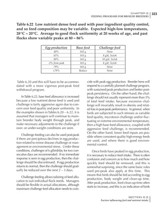 323CHAPTER 6
FEEDING PROGRAMS FOR BROILER BREEDERS
SECTION 6.5
Factors influencing feed and nutrient intake
Table 6.22 Low nutrient dense feed used with poor ingredient quality control,
and so feed composition may be variable. Expected high-low temperatures,
28ºC – 20ºC. Average to good flock uniformity at 20 weeks of age, and past
flocks show variable peaks at 80 – 86%
Egg production Base feed Challenge feed
40% 165 g None
65% 165 g 8 g/d, 3x/wk
80% 165 g 10 g/d, 3x/wk
-2% from peak 165 g 8 g/d, 3x/wk
79% 165 g None
<79% Reduce None
Table 6.20 and this will have to be accommo-
dated with a more vigorous post-peak feed
withdrawal program.
InTable 6.22, base feed allowance is increased
because a low nutrient dense feed is used and
challenge is fairly aggressive again due to con-
cern over feed quality and poor uniformity. In
the examples shown in Tables 6.20 – 6.22, it is
assumed that managers will continue to main-
tain breeder body weight through peak, and
make necessary adjustments to the challenge if
over- or under-weight conditions are seen.
Challenge feeding can also be used post-peak
if there are precipitous declines in egg produc-
tion related to minor disease challenge or man-
agement or environmental stress. Under these
conditions, challenges of 6 g/bird/day for two con-
secutive days are recommended. If no immediate
response is seen in egg production, then the chal-
lenge should be discontinued. If egg production
returns to normal, then the challenge should grad-
ually be reduced over the next 2 – 3 days.
Challenge feeding allows tailoring of feed allo-
cation to suit individual flock needs. Managers
should be flexible in actual allocations, although
maximum challenge feed allocation needs to coin-
cide with peak egg production. Breeder hens will
respond to a carefully planned challenge program,
with sustained peak production and better post-
peak persistency. On the other hand, the chal-
lenge should not usually represent more than 5%
of total feed intake, because excessive chal-
lenge will invariably result in obesity and relat-
ed loss in post-peak performance. In general, when
birds are subjected to such stresses as variable
feed quality, mycotoxin challenge and/or fluc-
tuating or extreme environmental temperature,
then a high base feed allowance, coupled with
aggressive feed challenge, is recommended.
On the other hand, lower feed inputs are pos-
sible where consistent quality high-energy feeds
are used, and where there is good environ-
mental control.
Once birds have peaked in egg production,
it is necessary to reduce feed intake. There is often
confusion and concern as to how much and how
quickly feed should be removed, and this is
somewhat surprising, since the same basic rules
used pre-peak also apply at this time. This
means that birds should be fed according to egg
production, body weight and clean-up time.
After peak production, feed clean-up time often
starts to increase, and this is an indication of birds
 