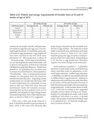 325CHAPTER 6
FEEDING PROGRAMS FOR BROILER BREEDERS
SECTION 6.5
Factors influencing feed and nutrient intake
numbers do not usually coincide with peak nutri-
ent needs for eggs because egg size is increas-
ing through this period. In most flocks, peak nutri-
ent needs for eggs (production X egg weight) will
have been reached by the time birds have
declined to 79 – 80% production, at about 39
– 40 weeks of age. At this stage of production,
we can start to gradually reduce feed intake, and
in general, the quantity of feed to be removed
will depend on peak feed allowance. If birds were
peaked on 165 g/bird/day then we likely need
to remove more feed than for a flock peaked on
150 g/bird/day. Also, if temperature/seasonal
changes are anticipated, then this should be
factored into feed allocation. Impending warmer
weather means we can take more feed away, while
if cooler temperatures are anticipated, we may
need to take very little feed away (because
maintenance needs will naturally increase).
Assuming that we have peaked a flock at 155
g/bird/day, and anticipate no major change in envi-
ronmental temperature, then a feed reduction pro-
gram, as shown in Table 6.24 is suggested.
With such a slow and steady removal in
feed, it should be possible to prevent obesity in
hens, while at the same time allowing ade-
quate energy and protein for the inevitable slow
decline in egg numbers. The reduction in feed
intake is necessarily slow and involves small steps
because as shown in Table 6.23, the actual
nutrients going into eggs are quite a small pro-
portion of the hen’s total needs. Responding to
a 5% decline in egg production, therefore,
requires very small changes to the feed scale.
Some producers consider a 1 – 2 g/bird/day
reduction in feed intake hardly worth bothering
about, and either make no adjustment, or few
much larger reductions. Sudden large reductions
4 g/bird/day can often be very stressful and result
in sudden drops in egg production. Making no
adjustments and continuing near peak allocation
to 64 weeks, will be uneconomical in terms of
birds becoming overweight with associated loss
of egg production. In the example shown inTable
6.24, a bird fed according to this suggested
schedule will eat about 22.8 kg to 65 weeks.
Feeding 155 g through to 65 weeks, with no feed
withdrawal, will result in an extra 1.5 kg feed
intake. This quantity of extra feed will likely result
in an additional 0.2 – 0.3 kg body weight gain,
most of which will be fat.
Table 6.23 Protein and energy requirements of breeder hens at 32 and 55
weeks of age at 24ºC
32 weeks of age 55 weeks of age
Nutrient need Energy (kcal) Protein (g) Energy (kcal) Protein (g)
Growth 40 1 5 None
Egg production 80 10 60 8
Maintenance 310 10 350 11
Activity 40 None 25 None
Total 470 21 440 19
 