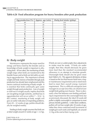 326 CHAPTER 6
FEEDING PROGRAMS FOR BROILER BREEDERS
SECTION 6.5
Factors influencing feed and nutrient intake
Egg production (%) Approx. age (wks) Daily feed intake (g/day)
80 39 155
79 40 154
78 41 154
77 42 152
76 43 151
74 45 150
70 50 148
65 55 146
60 60 144
55 65 142
Table 6.24 Feed allocation program for heavy breeders after peak production
b) Body weight
Maintenance represents the major need for
energy and hence feed by the breeder and so
knowledge of body weight is important in allo-
cating feed. All too often, the monitoring of body
weight stops when birds are transferred to the
breeder house and so birds are fed solely accord-
ing to egg production. The importance of body
weight and body reserves of breeders through peak
production has already been emphasized and this
means continual monitoring of body weight. It
is essential that birds continually gain some
weight through peak production. Loss of weight
or stall-out in weight usually implies that birds
are not getting enough nutrients, and that loss in
egg production will occur within 7 – 10 d. In
this context, monitoring of body weight will
give an earlier indication of impending problems.
From 20 – 32 weeks of age, pullets should ide-
ally be weighed weekly.
Feeding to body weight assumes that birds are
at ideal weight around 22 weeks of age ( 2.2 kg).
If birds are over or underweight, then adjustments
to intake must be made. If birds are under
weight, then they should obviously be given
more feed than the standard recommended
allowance in an attempt to stimulate growth.
Overweight birds should also be given more
feed (Table 6.25). This apparent dichotomy of ideas
is based on the fact that heavier birds have a larg-
er maintenance requirement and so need more
feed to meet their overall energy (nutrient)
requirement. This is a difficult concept for farm
managers to accept since they are afraid of over
weight birds getting even heavier. There is obvi-
ously a fine line between over feeding and feed-
ing to requirement for this overweight bird, but
as previously discussed, the ideal 20 week-old
pullet is slightly overweight in comparison to most
primary breeder guidelines. Under ideal conditions,
pullets will not lose weight after 20 weeks of age,
rather they show continued small increments of
weight gain each week and hopefully are around
3.5 kg at the end of their laying cycle.
 