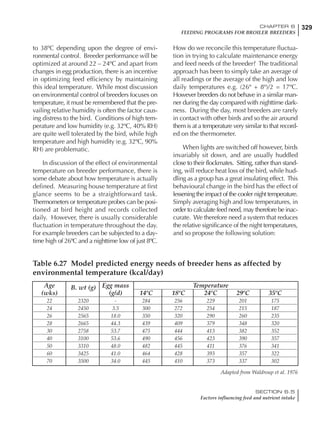 329CHAPTER 6
FEEDING PROGRAMS FOR BROILER BREEDERS
SECTION 6.5
Factors influencing feed and nutrient intake
to 38ºC depending upon the degree of envi-
ronmental control. Breeder performance will be
optimized at around 22 – 24ºC and apart from
changes in egg production, there is an incentive
in optimizing feed efficiency by maintaining
this ideal temperature. While most discussion
on environmental control of breeders focuses on
temperature, it must be remembered that the pre-
vailing relative humidity is often the factor caus-
ing distress to the bird. Conditions of high tem-
perature and low humidity (e.g. 32ºC, 40% RH)
are quite well tolerated by the bird, while high
temperature and high humidity (e.g. 32ºC, 90%
RH) are problematic.
In discussion of the effect of environmental
temperature on breeder performance, there is
some debate about how temperature is actually
defined. Measuring house temperature at first
glance seems to be a straightforward task.
Thermometers or temperature probes can be posi-
tioned at bird height and records collected
daily. However, there is usually considerable
fluctuation in temperature throughout the day.
For example breeders can be subjected to a day-
time high of 26ºC and a nighttime low of just 8ºC.
How do we reconcile this temperature fluctua-
tion in trying to calculate maintenance energy
and feed needs of the breeder? The traditional
approach has been to simply take an average of
all readings or the average of the high and low
daily temperatures e.g. (26º + 8º)/2 = 17ºC.
However breeders do not behave in a similar man-
ner during the day compared with nighttime dark-
ness. During the day, most breeders are rarely
in contact with other birds and so the air around
them is at a temperature very similar to that record-
ed on the thermometer.
When lights are switched off however, birds
invariably sit down, and are usually huddled
close to their flockmates. Sitting, rather than stand-
ing, will reduce heat loss of the bird, while hud-
dling as a group has a great insulating effect. This
behavioural change in the bird has the effect of
lessening the impact of the cooler night temperature.
Simply averaging high and low temperatures, in
order to calculate feed need, may therefore be inac-
curate. We therefore need a system that reduces
the relative significance of the night temperatures,
and so propose the following solution:
Table 6.27 Model predicted energy needs of breeder hens as affected by
environmental temperature (kcal/day)
Age B. wt (g) Egg mass Temperature
(wks) (g/d) 14ºC 18ºC 24ºC 29ºC 35ºC
22 2320 - 284 256 229 201 175
24 2450 3.5 300 272 254 215 187
26 2565 18.0 350 320 290 260 235
28 2665 44.3 439 409 379 348 320
30 2758 53.7 475 444 413 382 352
40 3100 53.6 490 456 423 390 357
50 3310 48.0 482 445 411 376 341
60 3425 41.0 464 428 393 357 322
70 3500 34.0 445 410 373 337 302
Adapted from Waldroup et al. 1976
 