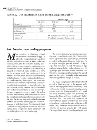 334 CHAPTER 6
FEEDING PROGRAMS FOR BROILER BREEDERS
SECTION 6.6
Breeder male feeding programs
Breeder age
25 wks 45 wks 55 wks
Calcium (%) 3.1 3.3 3.5
Available phosphorus (%) 0.40 0.36 0.32
Crude protein (%) 15.5 14.5 14.0
Methionine (%) 0.35 0.32 0.30
Water supplement
Vitamin D3 - 300 IU/bird/2 consecutive days per week
Vitamin C - 20 mg/bird/2 consecutive days per week
Table 6.32 Diet specification aimed at optimizing shell quality
M
ale condition is obviously critical
for optimum yield of fertile eggs. If
a breeder hen produces an egg, then
infertility is usually due to simple absence of sperm
in the oviduct, and this in itself is directly relat-
ed to mating frequency and/or mating success.
In many situations, therefore, loss of fertility is
caused by incorrect body condition of hens
and/or roosters, such that mating activity is
reduced. For hens, this is usually due to overfeeding
and obesity, and in roosters is caused by both over-
and under-feeding. Just as great care is taken to
meet the hen’s nutrient requirements with con-
tinual adjustments to diet or feed allocation, so
we have to carefully monitor the male’s condi-
tion and environment and to feed accordingly.
In many respects, it is easy to predict the male’s
nutrient requirements, because we do not have
the complication of egg production as occurs with
the hen. The feeding program therefore has to meet
just two basic needs namely, growth and main-
tenance of body functions. The major criteria of
our male feeding programs, therefore, are mon-
itoring body weight and body condition and
controlling frame size and uniformity.
The period during early maturity is probably
the most critical in the adult life of the breeder
male. Up to about 30 weeks of age, the breed-
er male is still expected to grow quite fast. For
example a weight gain of around 1.4 kg is
expected between 10 and 20 weeks of age,
and this is only slightly reduced to around 1.2
kg weight gain between 20 and 30 weeks. It is
therefore, very important to maintain this growth
potential through to 30 weeks, and so continued
monitoring of body weight is critical.
The major complication of feeding the breed-
er male at this time relates to the separate male-
female feeding systems now commonly used.
Grills on the female feeders are usually around
43 mm in width. Unfortunately 19 – 21 week
old male breeders, when first moved to the
breeder facilities, will have head width slightly
less than this. The males will therefore, eat
from the female feeders while they still have small-
er head size. Individual males will grow at dif-
ferent rates, and their head width will reach >
43 mm, on average around 26 – 28 weeks.
The larger birds usually have larger heads, and
6.6 Breeder male feeding programs
 