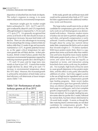 354 CHAPTER 7
FEEDING PROGRAMS FOR TURKEYS
SECTION 7.1
Commercial turkeys
deposition of absorbed fats into body fat depots.
The turkey’s response to energy is to some
extent influenced by environmental temperature.
Maximum weight gain for market weight
birds is achieved at 10 – 16˚C. At 27˚C and 35˚C,
gain is reduced by about 6% and 12% respectively
although feed:gain is improved by 1.2% for each
+1˚C up to 27˚C. It is generally recognized that
amino acid levels in the diet should increase as
temperature increases, because feed intake will
decline. There are also advantages to increasing
the fat and perhaps the energy content of diets for
turkeys older than 12 weeks of age and necessarily
maintained at >22˚C.As genetic potential increas-
es, so the upper critical temperature for opti-
mum growth rate will likely decline. In their pub-
lication, British United Turkeys predict that the
maximum environmental temperature required for
realizing maximum growth rate is declining by 2
– 3˚C each 10 years and for large toms now
stands at close to just 10˚C. It seems that market
weight declines by about 100 g for each 1˚C
increase in environmental temperature above
this 10˚C ideal. However, this increased growth
is achieved by stimulation of feed intake and so
feed efficiency will deteriorate at lower temper-
atures (Table 7.10).
25ºC 15ºC
134 d B.wt.(kg) 17.72 18.83
Feed intake 43.64 49.05
F:G 2.41 2.53
Breast (% carcass) 31.9 33.3
Table 7.10 Performance of male
turkeys grown at 15 or 25ºC
Adapted from Veldkamp et al. (2000)
In this study, growth rate and breast meat yield
could not be sustained when birds at 25˚C were
fed diets supplemented with additional methio-
nine, lysine and threonine.
The large turkey would seem to be an ideal
candidate for compensatory gain and in fact, the
early work on such feed programs was demon-
strated with turkeys. However, modern strains
of turkeys do not seem to perform adequately on
such diets, and growth compensation is rarely
achieved. It seems as though slow initial growth
brought about by using low nutrient dense
starter diets compromises the bird to such an extent
that 18-week weight is 5 – 7% below standard.
With lower protein starter diets, there is a sug-
gestion that amino acid levels other than methio-
nine and lysine should be more closely studied.
With starter protein levels as low as 22% CP, thre-
onine and valine levels may be equally as
important as lysine, and interaction among
branched-chain amino acids may be problem-
atic. For example, high levels of leucine seem
to cause growth depression in low protein starter
diets, and this effect is only partly alleviated by
additions of valine. Such data suggest caution
in the use of high leucine ingredients such as corn
gluten or blood meal in compensatory growth
type feeding programs. More recent studies
on compensatory gain have generally failed to
show any distinct advantage in terms of overall
feed usage or cost/kg gain, and in fact complete
growth compensation to a specific age is some-
times not realized. For example, feeding low pro-
tein starter diets for just the first 3 weeks, followed
by normal diets, has been shown detrimental to
18-week body weight. It seems as though the
later maturing strains common today are not ideal
candidates for compensatory growth. Their
genetically inherent slower initial growth, in
 