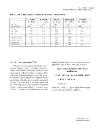 357CHAPTER 7
FEEDING PROGRAMS FOR TURKEYS
SECTION 7.1
Commercial turkeys
d) Carcass composition
With an increased proportion of large turkey
carcasses being cut-up or further processed,
there is a continued demand for information on
carcass yield and composition of turkeys. Due
to dramatic changes in weight-for-age of the turkey,
information regarding carcass composition for
specific ages of bird becomes virtually redundant
overnight. For this reason, we have presented
the following carcass data based on expected
changes related to age of turkey hens and toms
(Table 7.12). In order to use this information, the
coefficients for a particular parameter are mul-
tiplied by ‘age-in-days’ and ‘(age-in-days)2’.
eg: % total viscera for a 100 d tom is
calculated as
17.87 – (0.158 x 100) + (0.00054 x 1002)
= 17.87 – 15.8 + 5.4
= 7.47%
Similarly, Table 7.13 gives expected changes
in cut-up yields for toms and hens.
Table 7.11 Diet specifications for broiler turkey hens
Starter Grower I Grower II Developer Finisher
0 - 4 wk 5 – 6 wk 7 – 8 wk 9 – 10 wk 11 – 12 wk
CP (%) 29.0 26.5 24.0 21.0 19.0
ME (kcal/kg) 2850 2975 3075 3200 3300
Ca (%) 1.4 1.3 1.2 1.1 1.0
Av P (%) 0.80 0.75 0.65 0.55 0.50
Na (%) 0.17 0.18 0.18 0.19 0.19
Methionine (%) 0.65 0.62 0.58 0.52 0.45
Meth + Cys (%) 1.20 1.10 1.00 0.92 0.85
Lysine (%) 1.80 1.70 1.60 1.45 1.25
Threonine (%) 1.20 1.10 1.00 0.90 0.80
 
