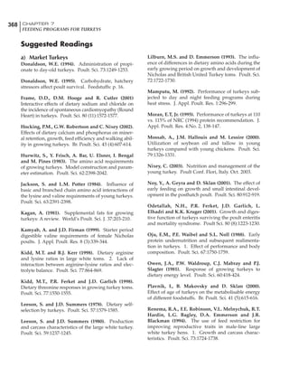 368 CHAPTER 7
FEEDING PROGRAMS FOR TURKEYS
Suggested Readings
a) Market Turkeys
Donaldson, W.E. (1994). Administration of propi-
onate to day-old turkeys. Poult. Sci. 73:1249-1253.
Donaldson, W.E. (1995). Carbohydrate, hatchery
stressors affect poult survival. Feedstuffs: p. 16.
Frame, D.D., D.M. Hooge and R. Cutler (2001)
Interactive effects of dietary sodium and chloride on
the incidence of spontaneous cardiomyopathy (Round
Heart) in turkeys. Poult. Sci. 80 (11):1572-1577.
Hocking, P.M., G.W. Robertson and C. Nixey (2002).
Effects of dietary calcium and phosphorus on miner-
al retention, growth, feed efficiency and walking abil-
ity in growing turkeys. Br. Poult. Sci. 43 (4):607-614.
Hurwitz, S., Y. Frisch, A. Bar, U. Elsner, I. Bengal
and M. Pines (1983). The amino acid requirements
of growing turkeys. Model construction and param-
eter estimation. Poult. Sci. 62:2398-2042.
Jackson, S. and L.M. Potter (1984). Influence of
basic and branched chain amino acid interactions of
the lysine and valine requirements of young turkeys.
Poult. Sci. 63:2391-2398.
Kagan, A. (1981). Supplemental fats for growing
turkeys: A review. World’s Poult. Sci. J. 37:203-210.
Kamyab, A. and J.D. Firman (1999). Starter period
digestible valine requirements of female Nicholas
poults. J. Appl. Poult. Res. 8 (3):339-344.
Kidd, M.T. and B.J. Kerr (1998). Dietary arginine
and lysine ratios in large white toms. 2. Lack of
interaction between arginine-lysine ratios and elec-
trolyte balance. Poult. Sci. 77:864-869.
Kidd, M.T., P.R. Ferket and J.D. Garlich (1998).
Dietary threonine responses in growing turkey toms.
Poult. Sci. 77:1550-1555.
Leeson, S. and J.D. Summers (1978). Dietary self-
selection by turkeys. Poult. Sci. 57:1579-1585.
Leeson, S. and J.D. Summers (1980). Production
and carcass characteristics of the large white turkey.
Poult. Sci. 59:1237-1245.
Lilburn, M.S. and D. Emmerson (1993). The influ-
ence of differences in dietary amino acids during the
early growing period on growth and development of
Nicholas and British United Turkey toms. Poult. Sci.
72:1722-1730.
Mamputu, M. (1992). Performance of turkeys sub-
jected to day and night feeding programs during
heat stress. J. Appl. Poult. Res. 1:296-299.
Moran, E.T, Jr. (1995). Performance of turkeys at 110
vs. 115% of NRC (1994) protein recommendation. J.
Appl. Poult. Res. 4:No. 2, 138-147.
Mossab, A., J.M. Hallouis and M. Lessire (2000).
Utilization of soybean oil and tallow in young
turkeys compared with young chickens. Poult. Sci.
79:1326-1331.
Nixey, C. (2003). Nutrition and management of the
young turkey. Poult Conf. Flori, Italy. Oct. 2003.
Noy, Y., A. Geyra and D. Sklan (2001). The effect of
early feeding on growth and small intestinal devel-
opment in the posthatch poult. Poult. Sci. 80:912-919.
Odetallah, N.H., P.R. Ferket, J.D. Garlich, L.
Elhadri and K.K. Kruger (2001). Growth and diges-
tive function of turkeys surviving the poult enteritis
and mortality syndrome. Poult Sci. 80 (8):1223-1230.
Oju, E.M., P.E. Waibel and S.L. Noll (1988). Early
protein undernutrition and subsequent realimenta-
tion in turkeys. 1. Effect of performance and body
composition. Poult. Sci. 67:1750-1759.
Owen, J.A., P.W. Waldroup, C.J. Mabray and P.J.
Slagter (1981). Response of growing turkeys to
dietary energy level. Poult. Sci. 60:418-424.
Plavnik, I., B. Makovsky and D. Sklan (2000).
Effect of age of turkeys on the metabolisable energy
of different foodstuffs. Br. Poult. Sci. 41 (5):615-616.
Renema, R.A., F.E. Robinson, V.L. Melnychuk, R.T.
Hardin, L.G. Bagley, D.A. Emmerson and J.R.
Blackman (1994). The use of feed restriction for
improving reproductive traits in male-line large
white turkey hens. 1. Growth and carcass charac-
teristics. Poult. Sci. 73:1724-1738.
 