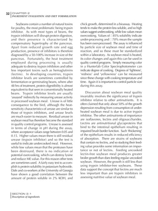 SECTION 2.1
Description of ingredients
32 CHAPTER 2
INGREDIENT EVALUATION AND DIET FORMULATION
Soybeans contain a number of natural toxins
for poultry, the most problematic being trypsin
inhibitor. As with most types of beans, the
trypsin inhibitors will disrupt protein digestion,
and their presence is characterized by
compensatory hypertrophy of the pancreas.
Apart from reduced growth rate and egg
production, presence of inhibitors is therefore
diagnosed by a 50-100% increase in size of the
pancreas. Fortunately, the heat treatment
employed during processing is usually
adequate to destroy trypsin inhibitors and other
less important toxins such as hemaglutinins
(lectins). In developing countries, trypsin
inhibitor levels are sometimes controlled by
fermentation or germinating beans, where after
48 hrs of treatment, protein digestibility is almost
equivalent to that seen in conventionally heated
beans. Trypsin inhibitor levels are usually
‘assayed’ indirectly by measuring urease activity
in processed soybean meal. Urease is of little
consequence to the bird, although the heat-
sensitivity characteristics of urease are similar to
those of trypsin inhibitors, and urease levels
are much easier to measure. Residual urease in
soybean meal has therefore become the standard
in quality control programs. Urease is assessed
in terms of change in pH during the assay,
where acceptance values range between 0.05 and
0.15. Higher values mean there is still residual
urease (trypsin inhibitor) and so the test is
useful to indicate undercooked meal. However,
while low values mean that the proteases have
been destroyed, there is no indication of
potential overcooking, which can destroy lysine
and reduce ME value. For this reason other tests
are sometimes used. A fairly easy test to accom-
plish is protein solubility in potassium hydroxide.
Dale and co-workers at the University of Georgia
have shown a good correlation between the
amount of protein soluble in 2% KOH, and
chick growth, determined in a bioassay. Heating
tends to make the protein less soluble, and so high
values suggest undercooking, while low values mean
overcooking. Values of 85% solubility indicate
under-processing and 70% mean the sample
has been over-processed. The assay is influenced
by particle size of soybean meal and time of
reaction, and so these must be standardized
within a laboratory. As soybean meal is heated,
its color changes and again this can be used in
quality control programs. Simply measuring color
in a Hunterlab Color Spectrophotometer can
indicate degree of cooking. Degrees of ‘lightness’,
‘redness’ and ‘yellowness’ can be measured
since these change with cooking temperature and
time. Again it is important to control particle size
during this assay.
Discussion about soybean meal quality
invariably involves the significance of trypsin
inhibitor relative to other antinutrients. It is
often claimed that only about 50% of the growth
depression resulting from consumption of under-
heated soybean meal is due to active trypsin
inhibitor. The other antinutrients of importance
are isoflavones, lectins and oligosaccharides.
Lectins are antinutritional glycoproteins that
bind to the intestinal epithelium resulting in
impaired brush border function. Such ‘thickening’
of the epithelium results in reduced efficiency
of absorption. There are strains of soybeans
that contain no lectins, and so studying their feed-
ing value provides some information on impor-
tance or not of lectins. Feeding uncooked
lectin-free soybean meal produces greater
broiler growth than does feeding regular uncooked
soybean. However, the growth is still less than
using trypsin inhibitor-free soybeans. These
data support the concept that lectins are much
less important than are trypsin inhibitors in
assessing nutritive value of soybean meal.
 